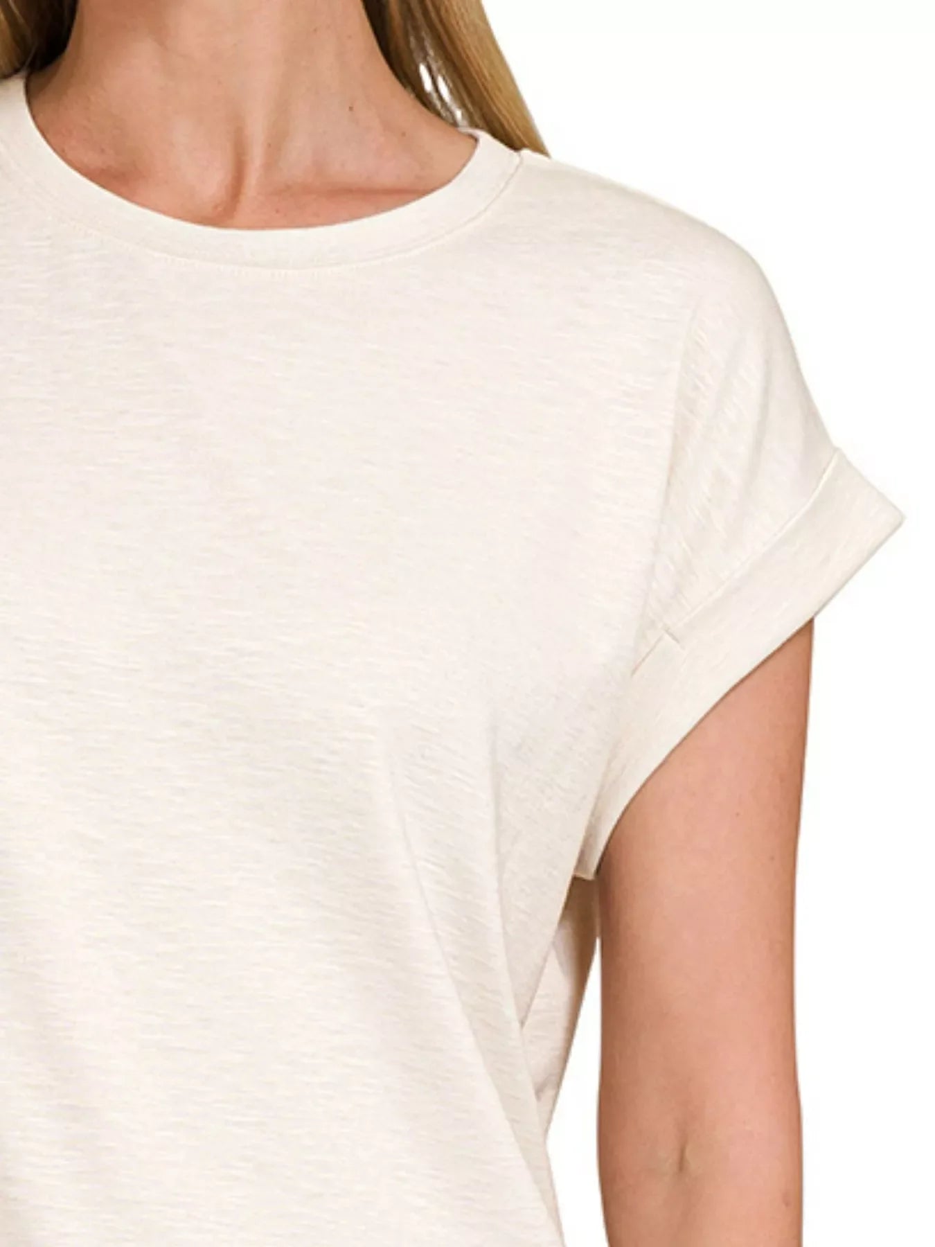 Full Size Cotton Modal Slub Rolled Sleeve T-Shirt Plus Size