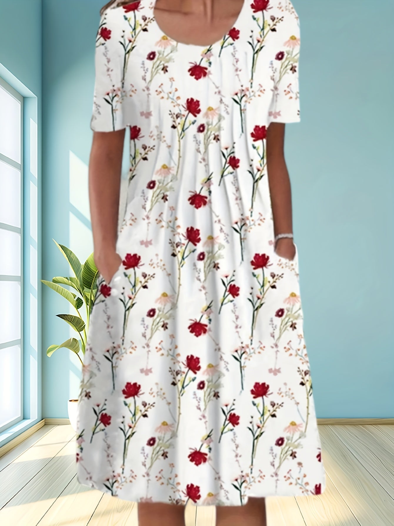 Floral Print Plus Size Pocket Casual Dress