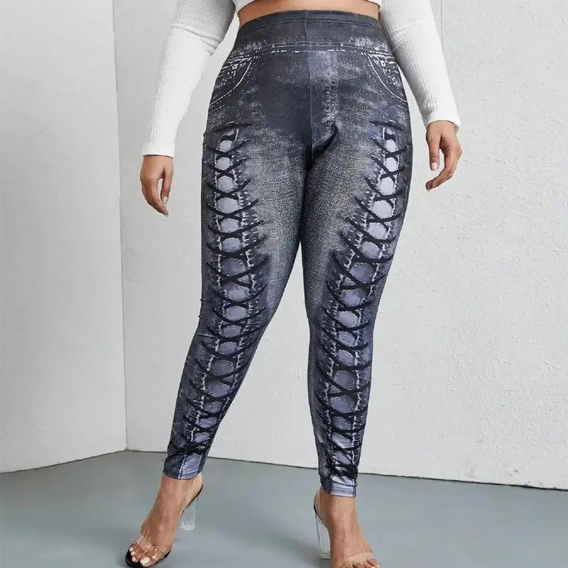 Women's Faux Denim Printed Comfort And Casual Leggings Plus Size