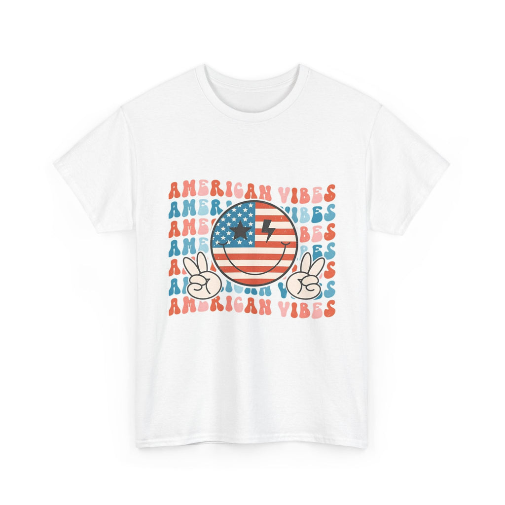 American Vibes T-Shirt — Retro Peace Smile Flag Graphic Tee for 4th of July & Summer