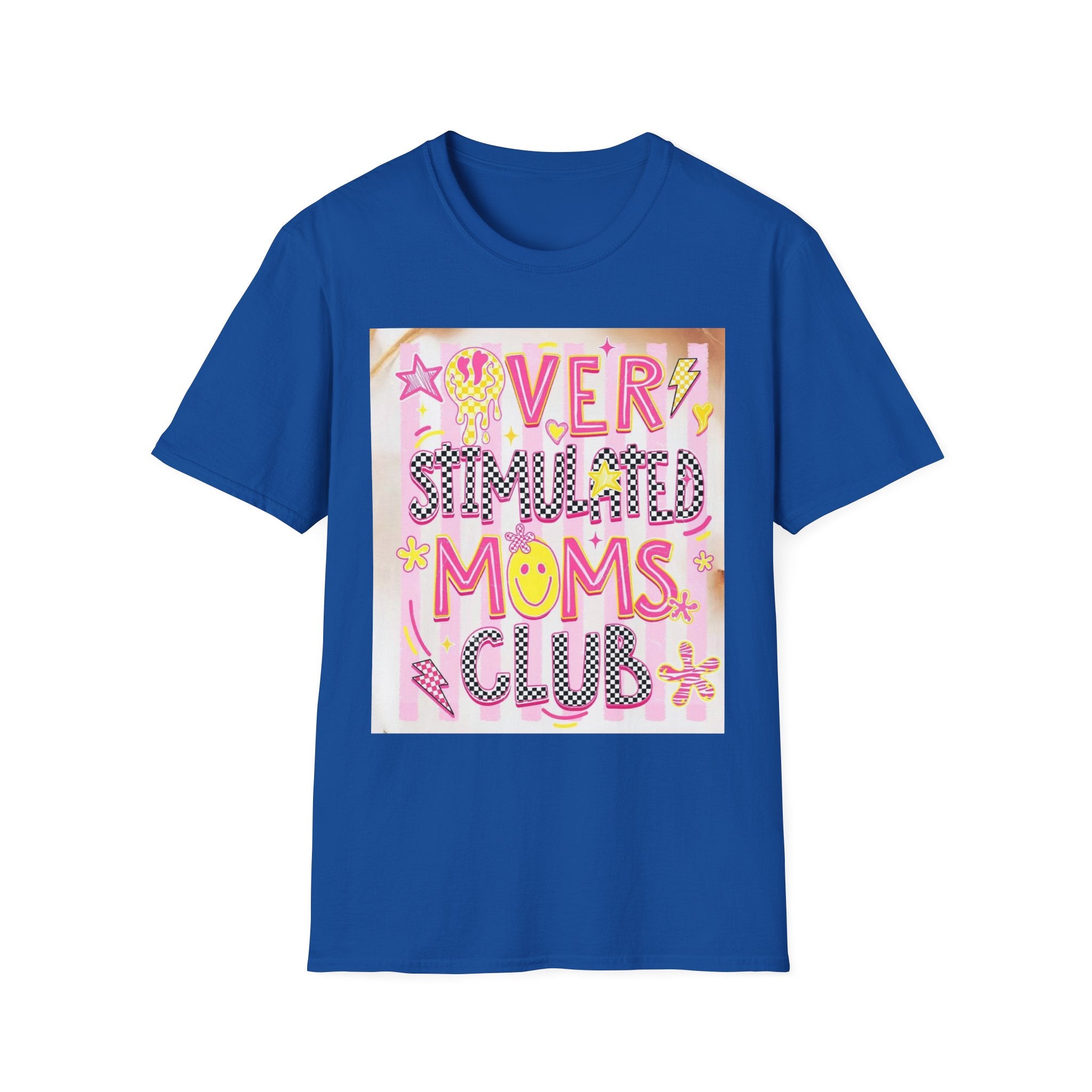 “Overstimulated Moms Club” Graphic T-Shirt — Funny Mom Gift, Bright Retro Doodle Design