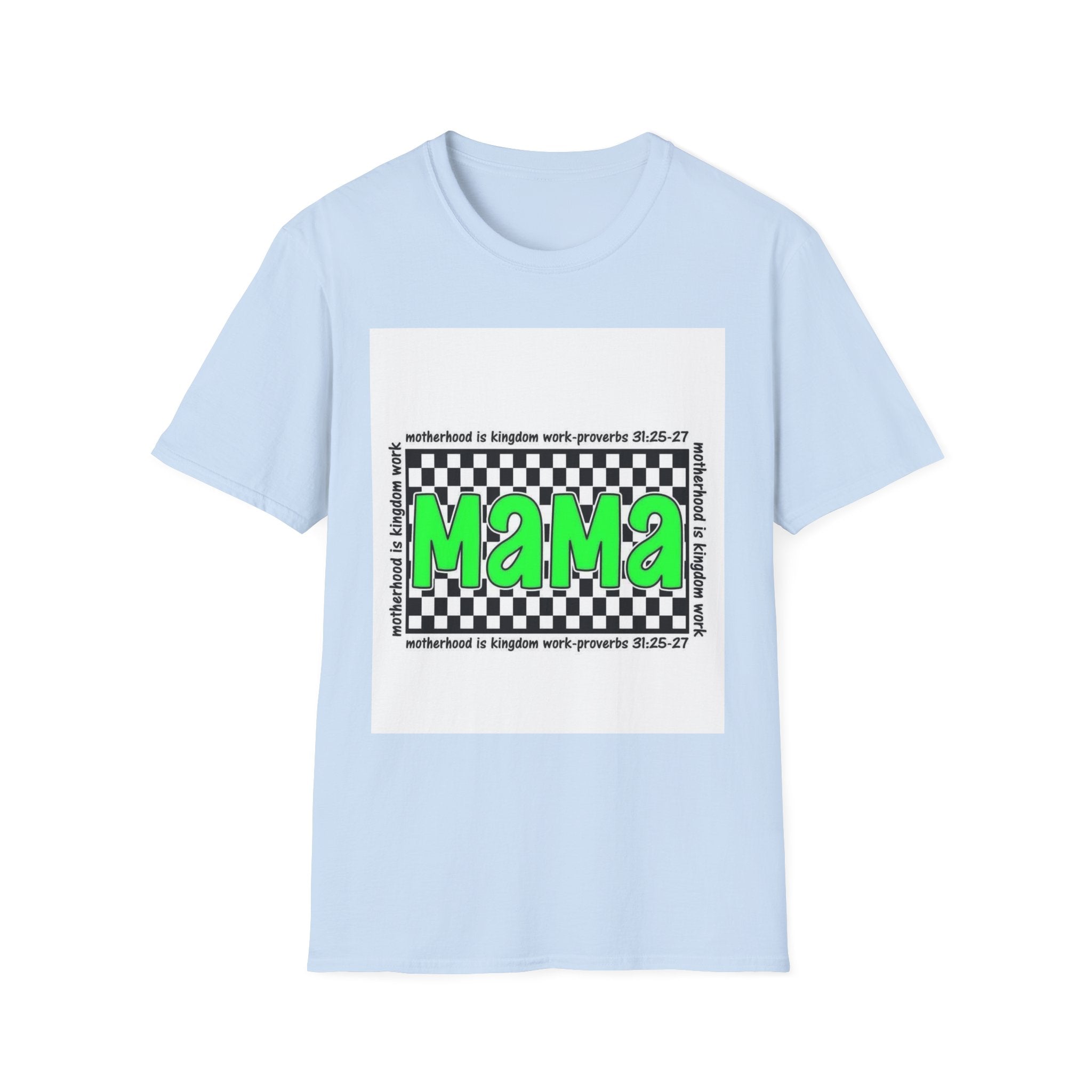 Mama Graphic T-Shirt — Neon Green Checkerboard Mom Shirt (Proverbs 31:25-27 Accent)