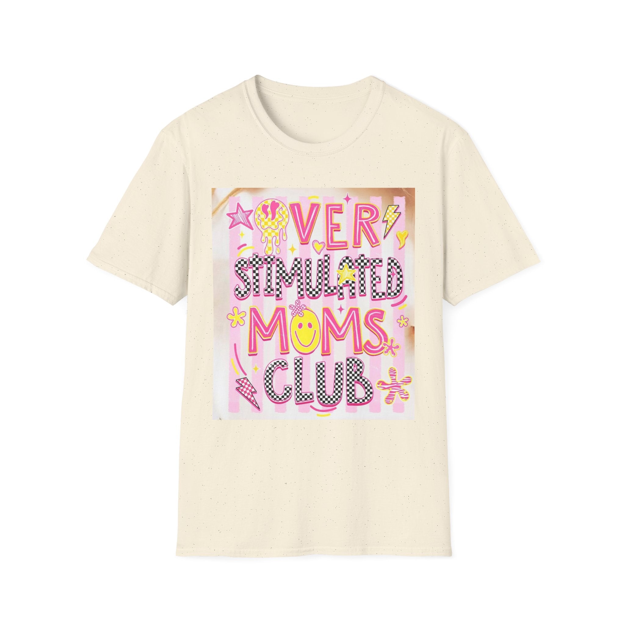 “Overstimulated Moms Club” Graphic T-Shirt — Funny Mom Gift, Bright Retro Doodle Design