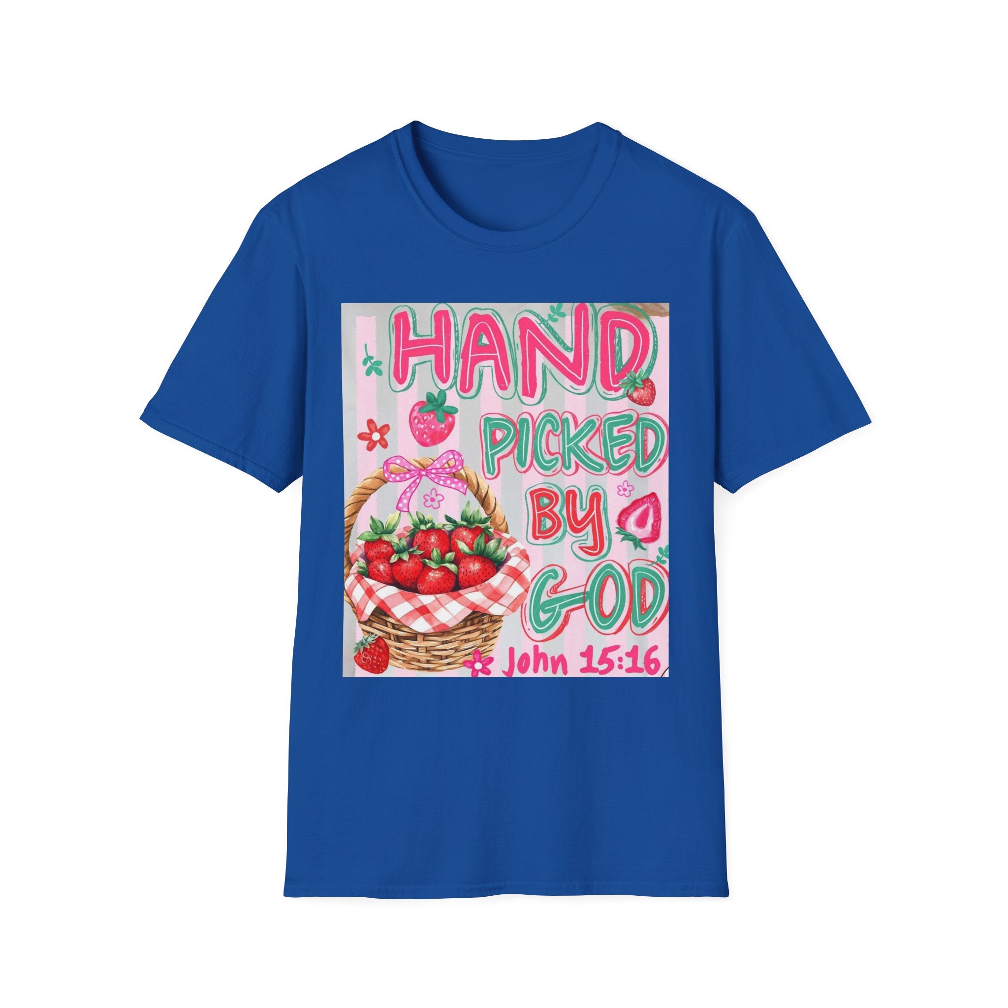 Christian T-Shirt "Hand Picked by God" — John 15:16 Strawberry Basket Graphic