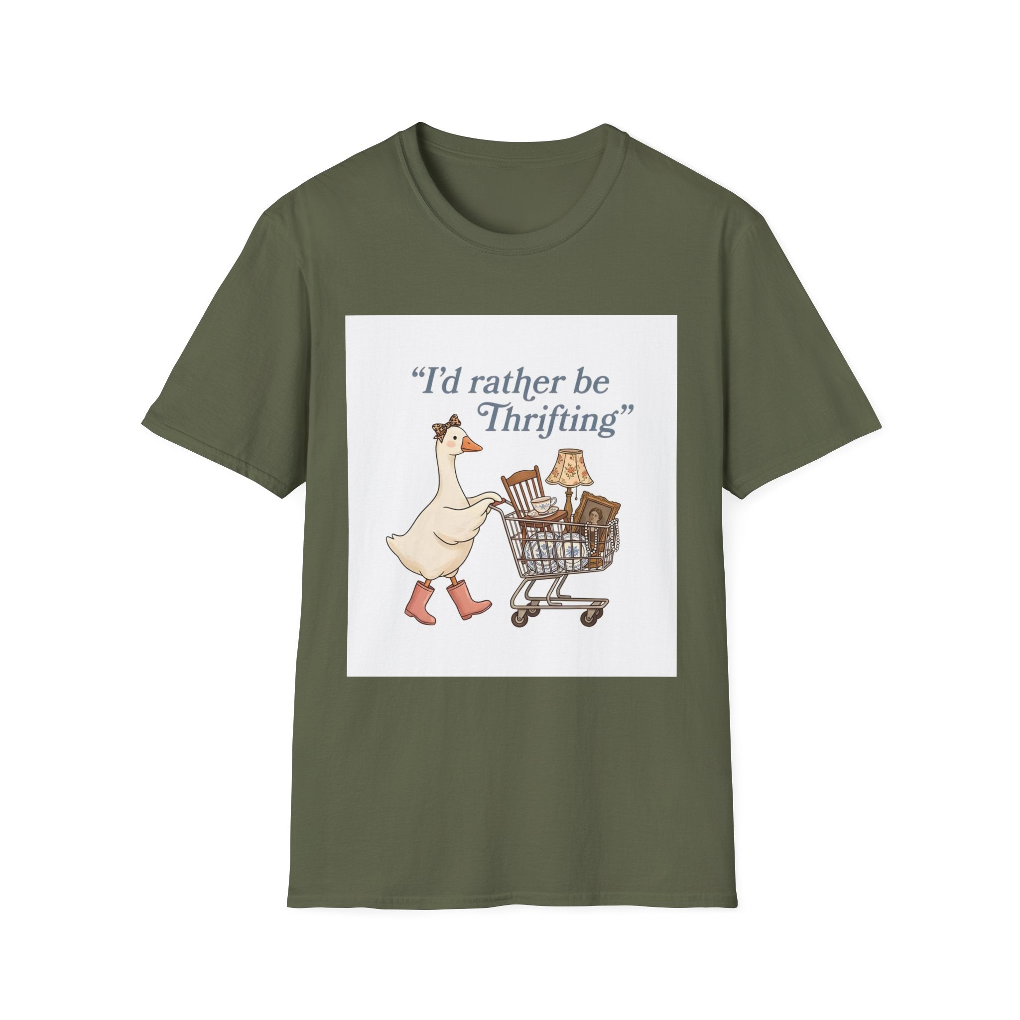 I'd Rather Be Thrifting T-Shirt — Cute Duck with Shopping Cart Vintage Graphic