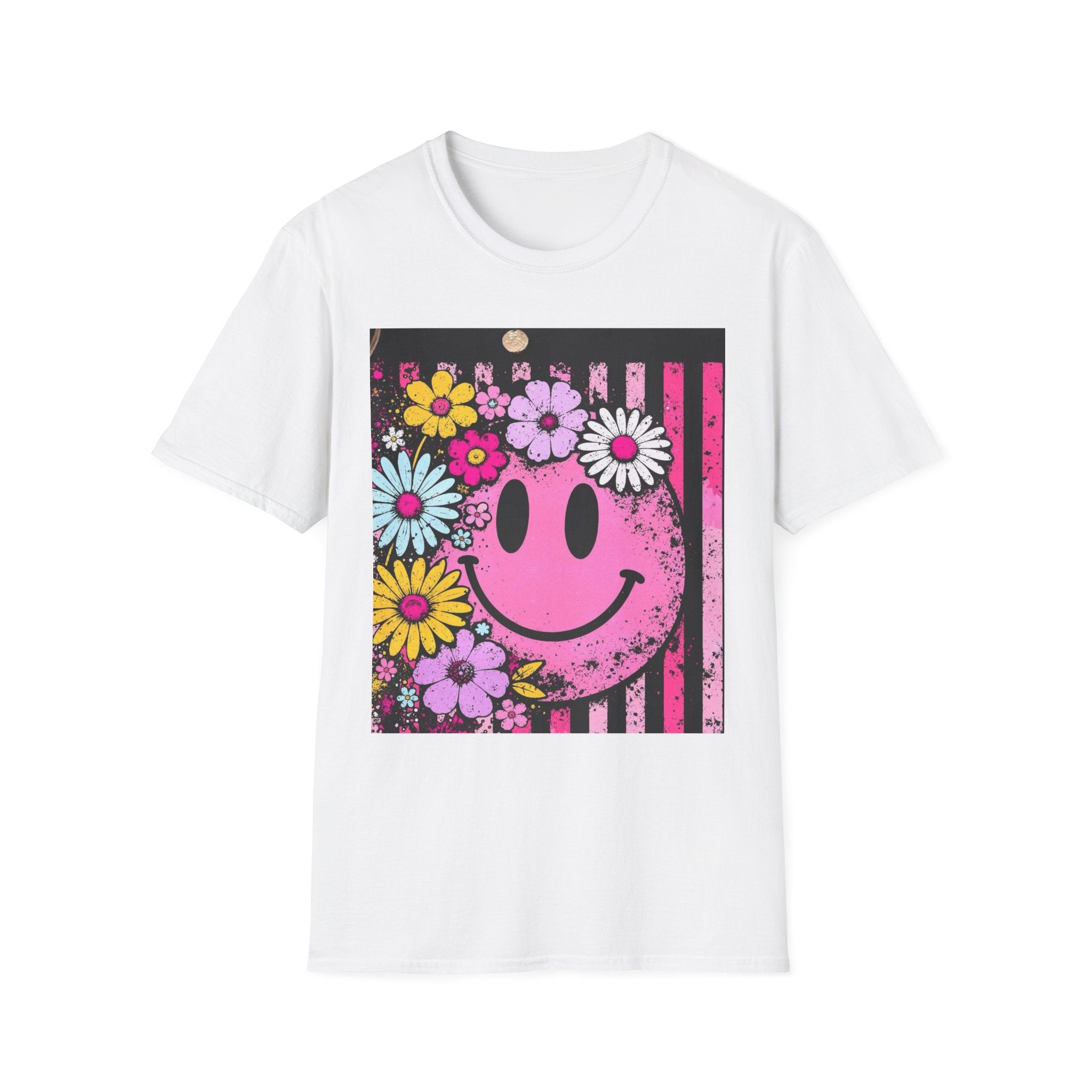 Pink Floral Smiley T-Shirt — Retro Distressed Smiley Face with Flowers