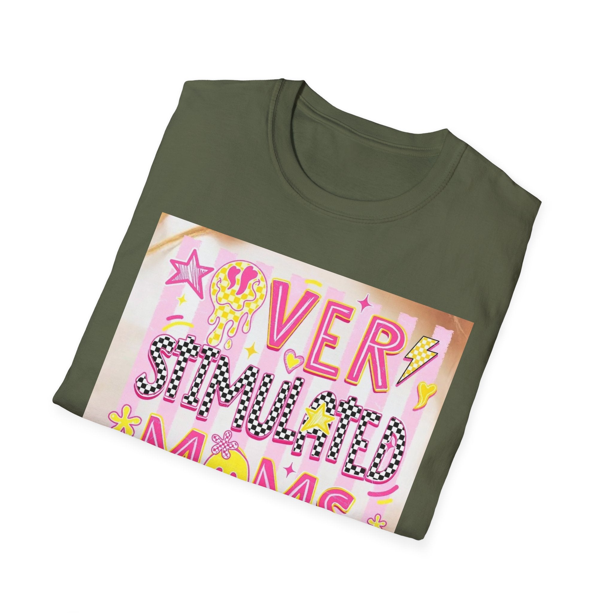 “Overstimulated Moms Club” Graphic T-Shirt — Funny Mom Gift, Bright Retro Doodle Design