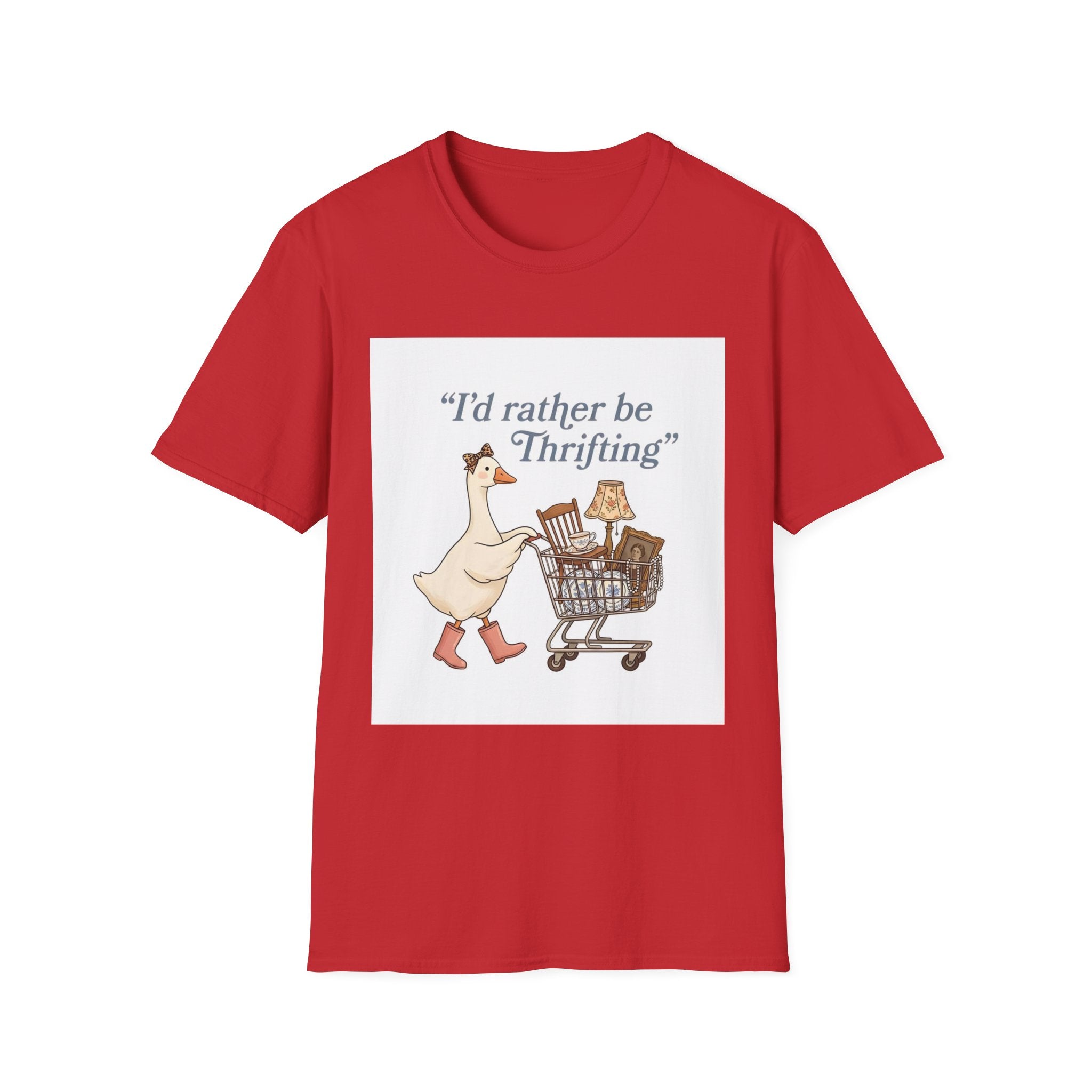 I'd Rather Be Thrifting T-Shirt — Cute Duck with Shopping Cart Vintage Graphic