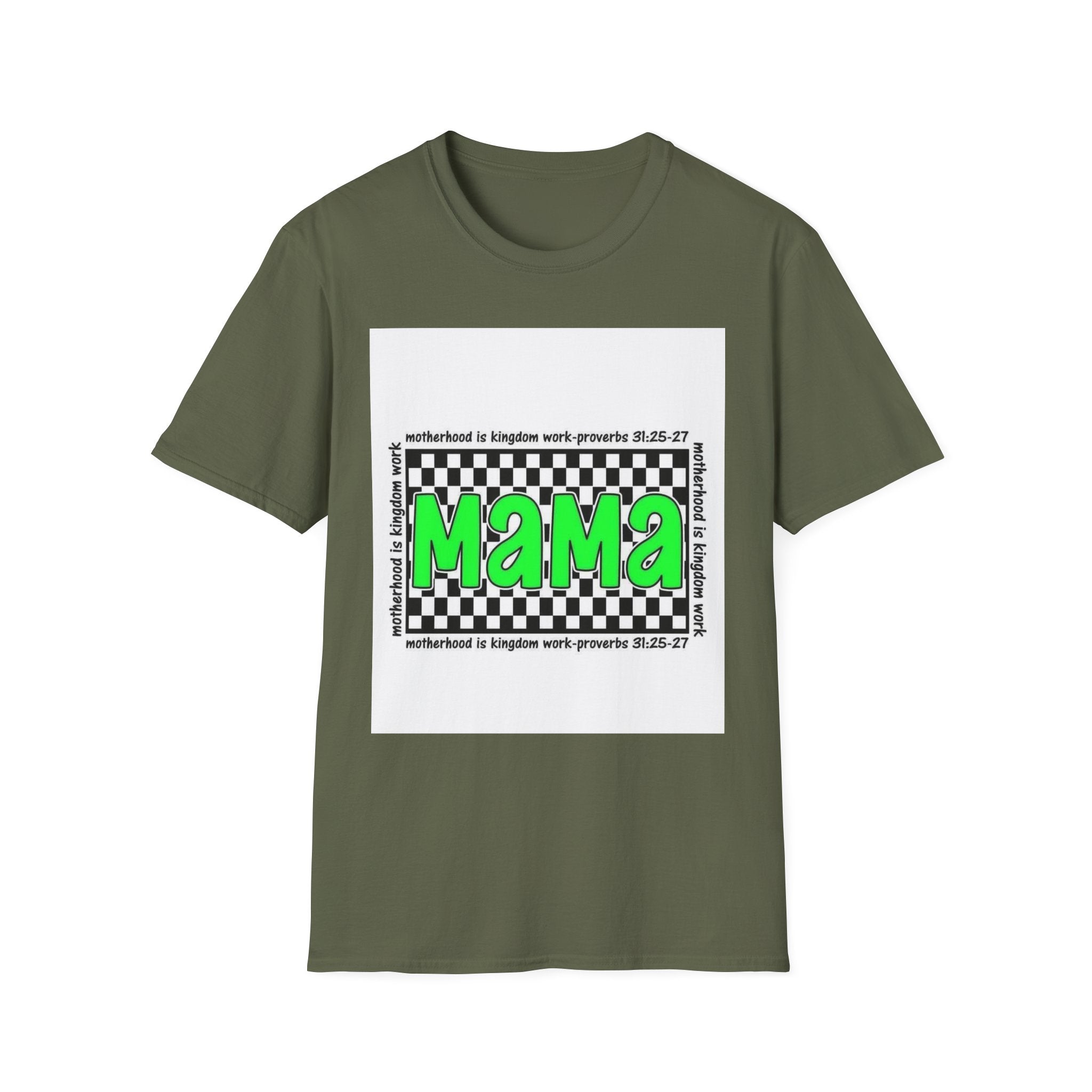 Mama Graphic T-Shirt — Neon Green Checkerboard Mom Shirt (Proverbs 31:25-27 Accent)