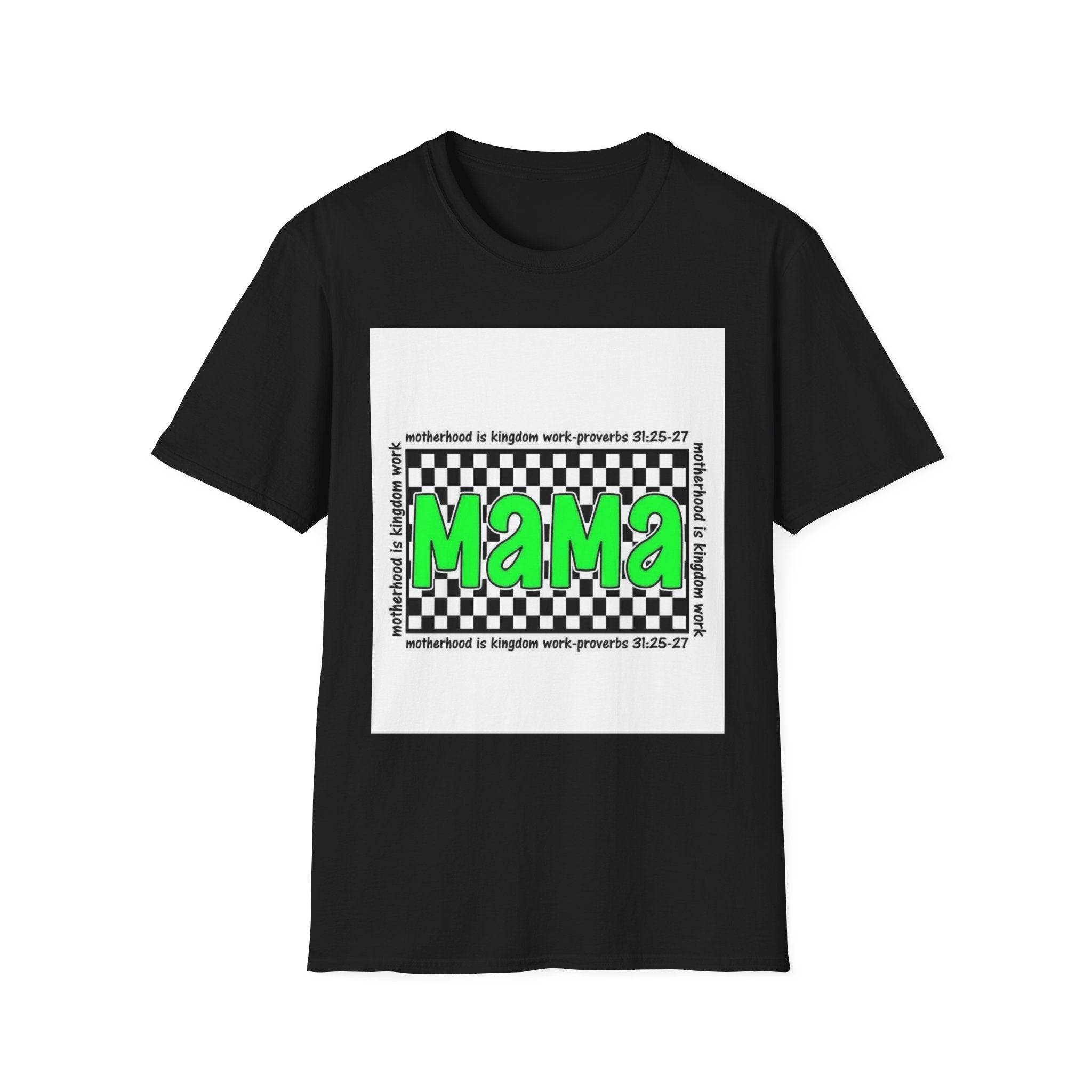 Mama Graphic T-Shirt — Neon Green Checkerboard Mom Shirt (Proverbs 31:25-27 Accent)