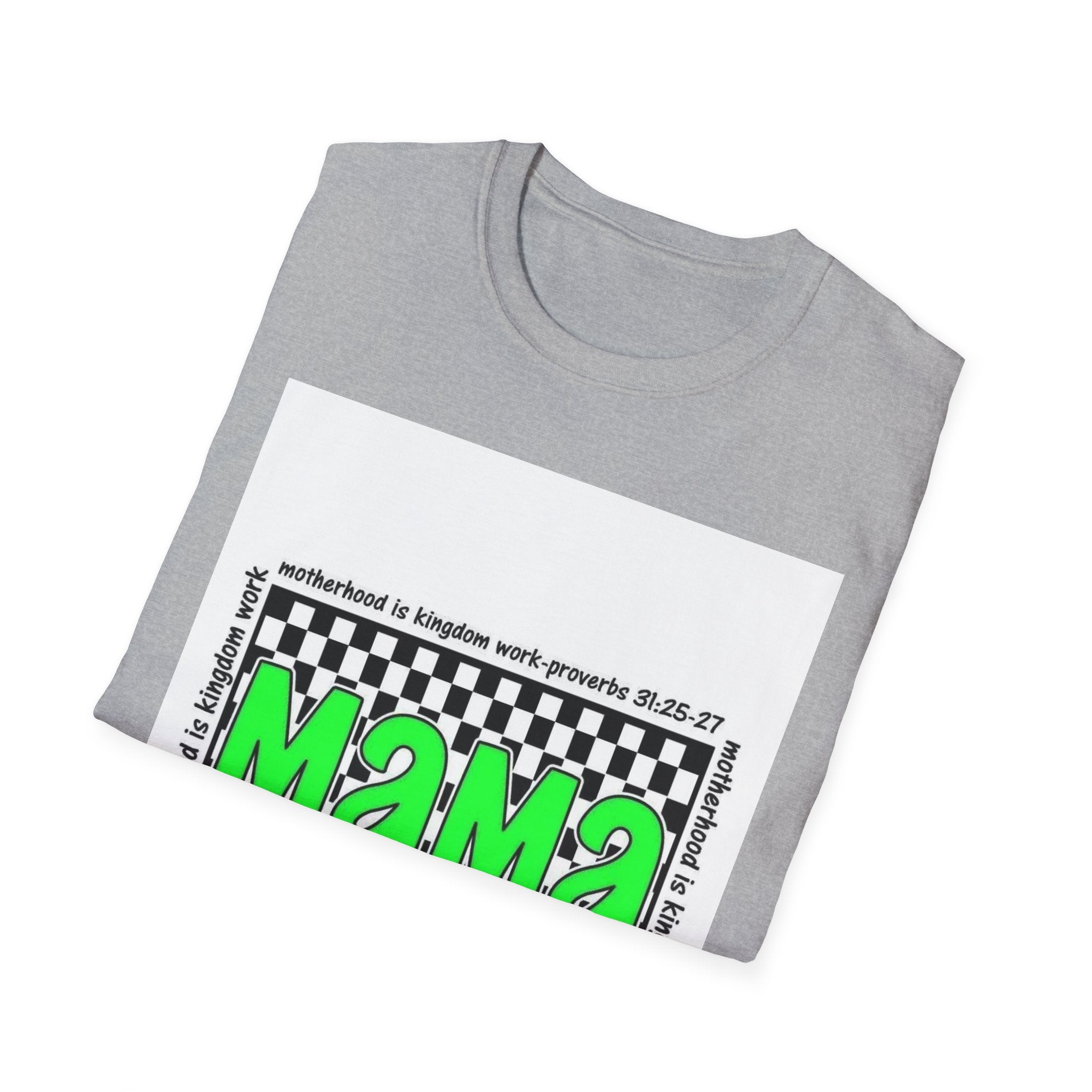 Mama Graphic T-Shirt — Neon Green Checkerboard Mom Shirt (Proverbs 31:25-27 Accent)