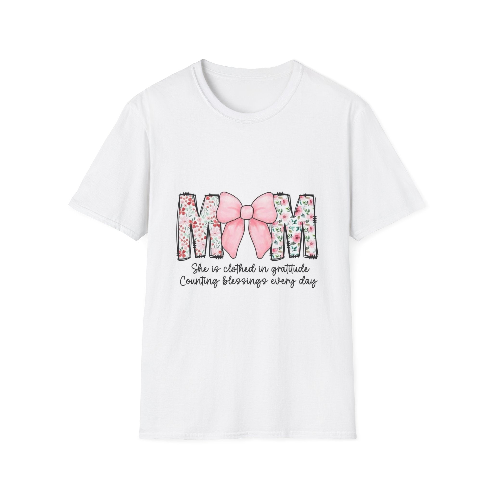Mom Floral Bow T-Shirt — "She is clothed in gratitude, counting blessings every day"