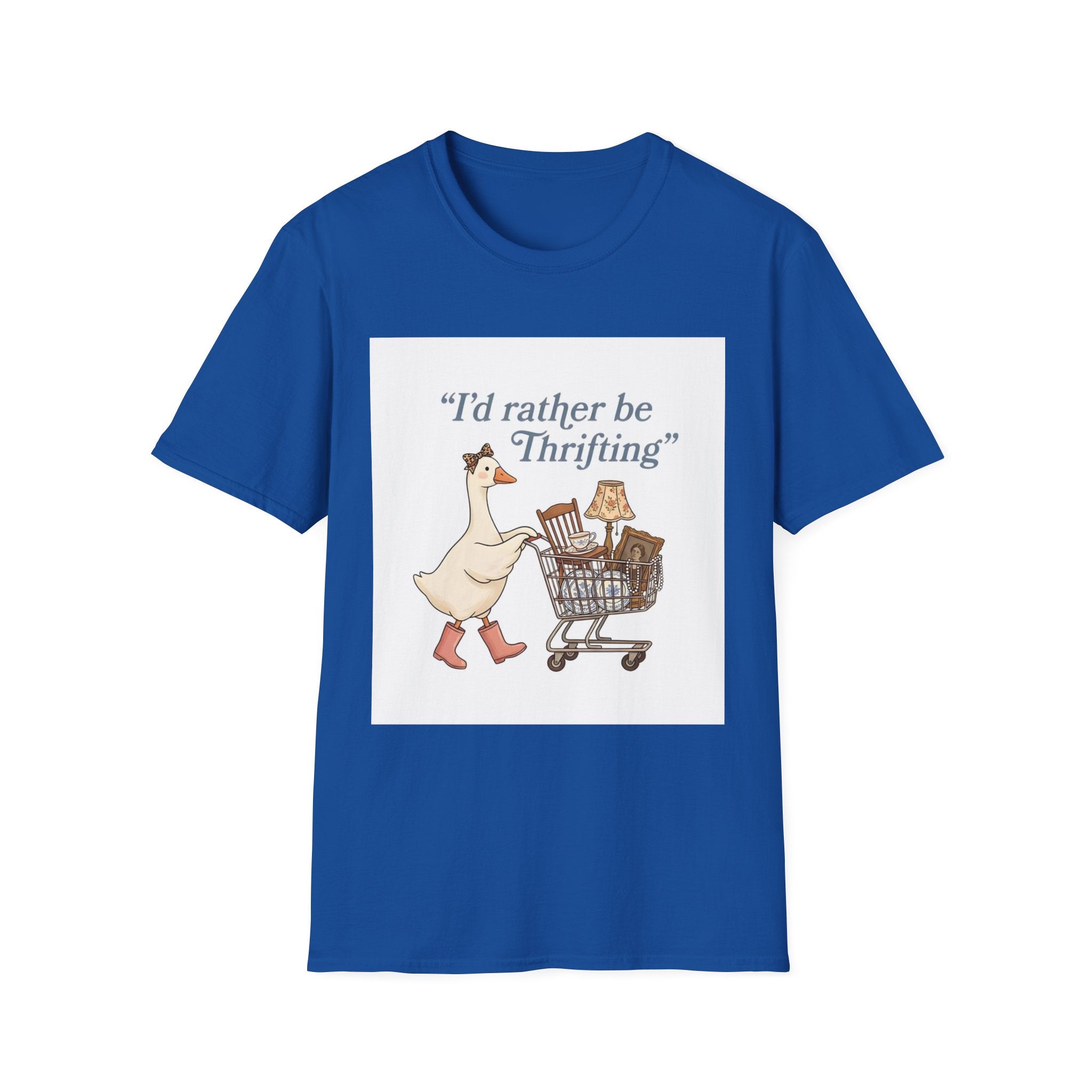 I'd Rather Be Thrifting T-Shirt — Cute Duck with Shopping Cart Vintage Graphic