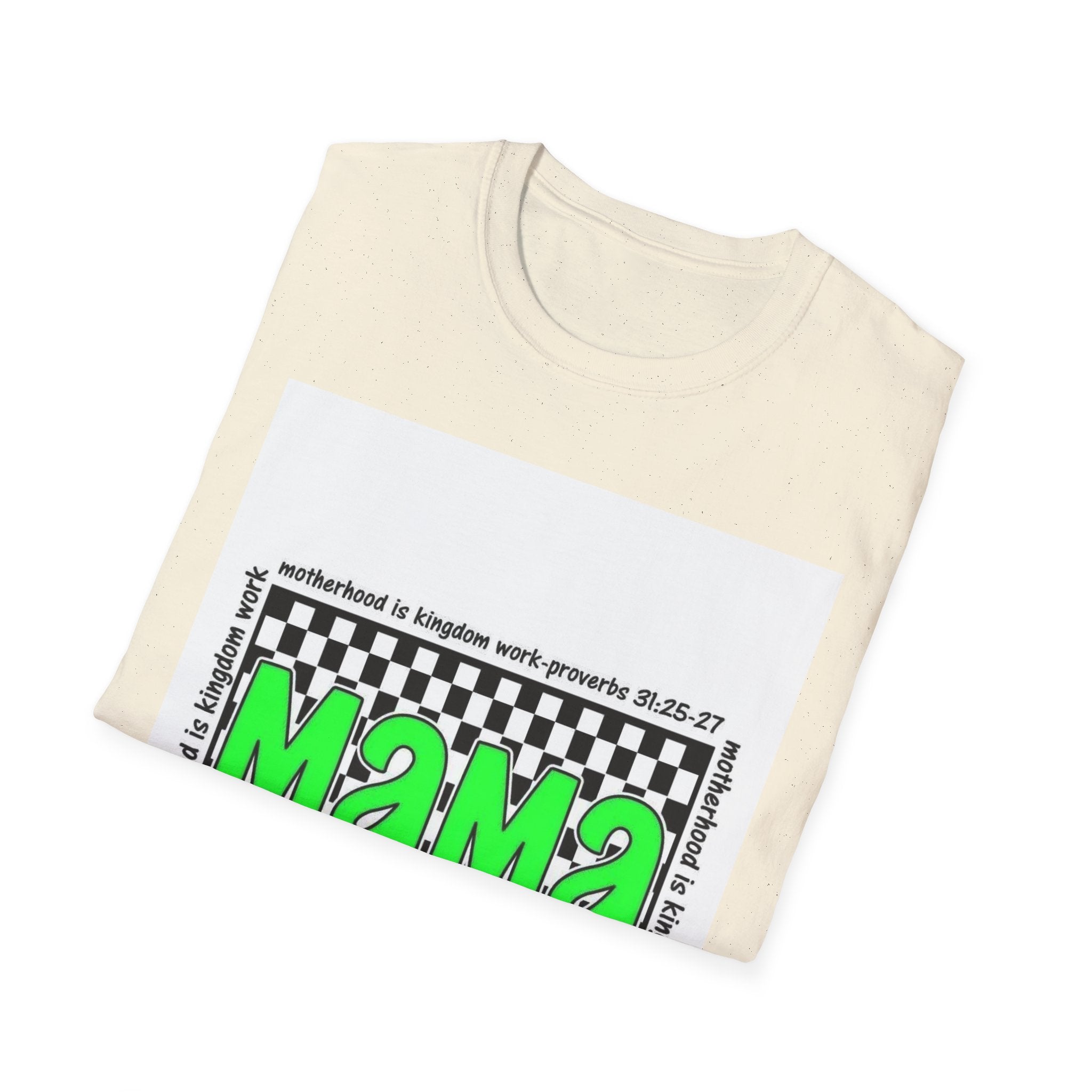 Mama Graphic T-Shirt — Neon Green Checkerboard Mom Shirt (Proverbs 31:25-27 Accent)