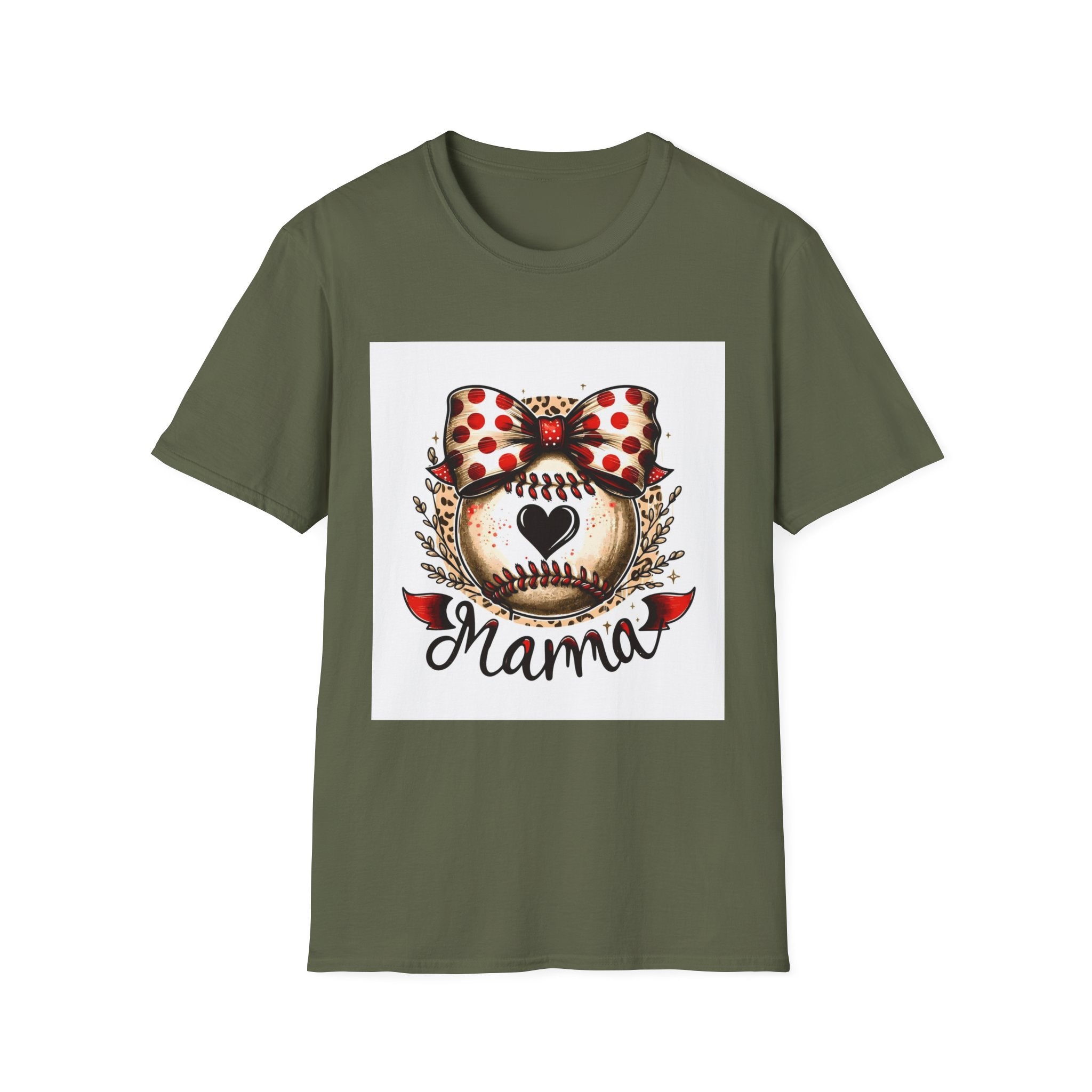 Mama Baseball Heart Tee — Cute Polka Dot Bow Softstyle T-Shirt