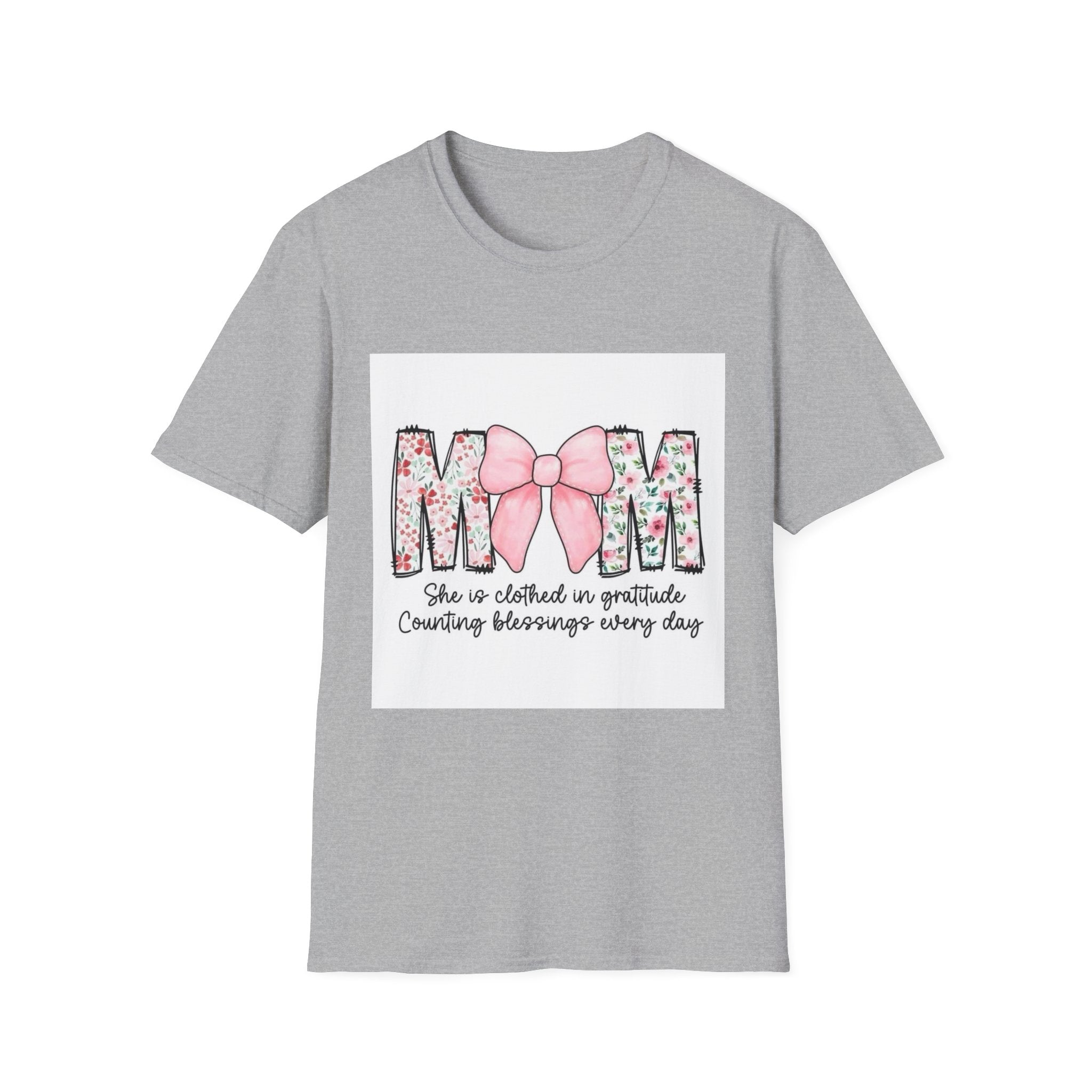 Mom Floral Bow T-Shirt — "She is clothed in gratitude, counting blessings every day"