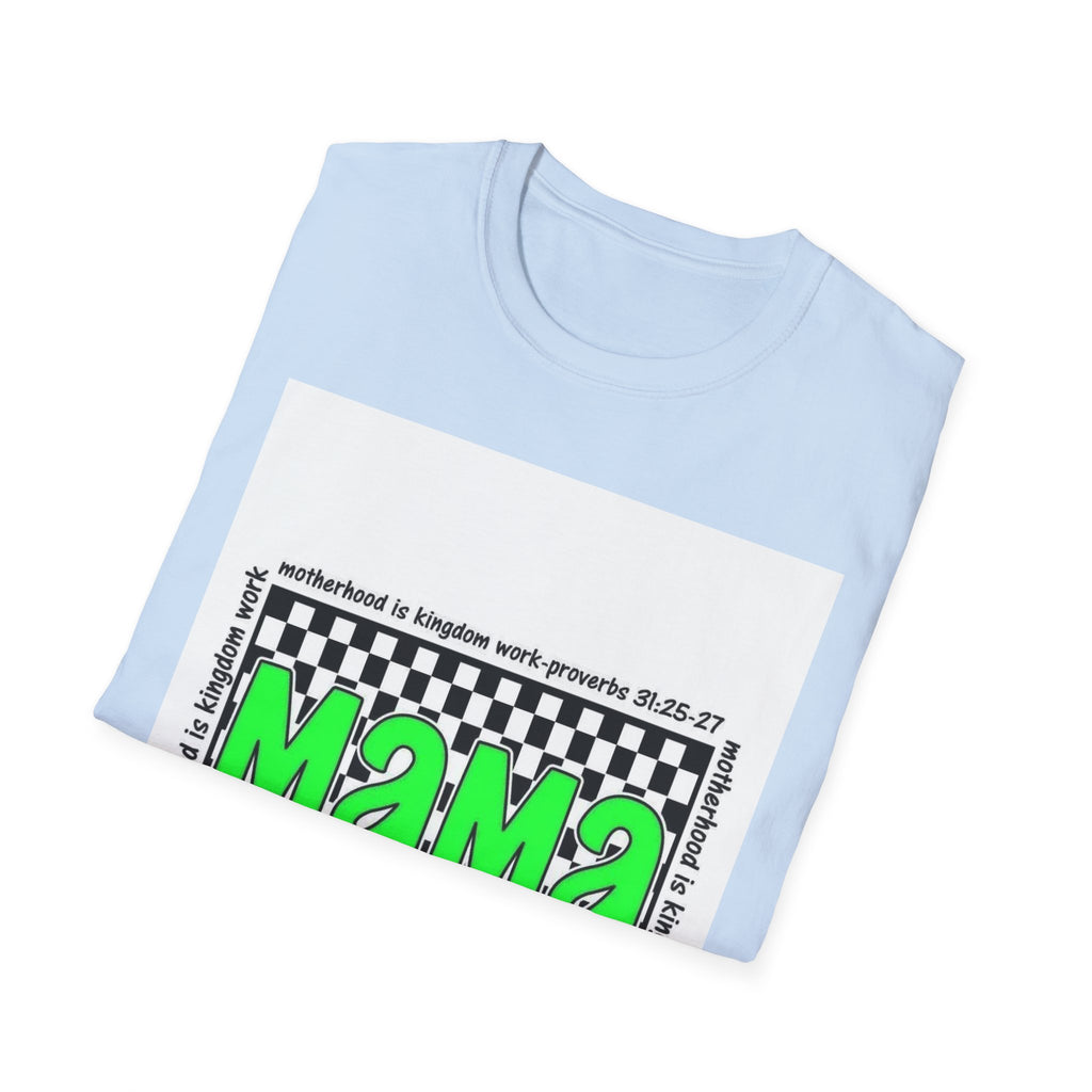 Mama Graphic T-Shirt — Neon Green Checkerboard Mom Shirt (Proverbs 31:25-27 Accent)
