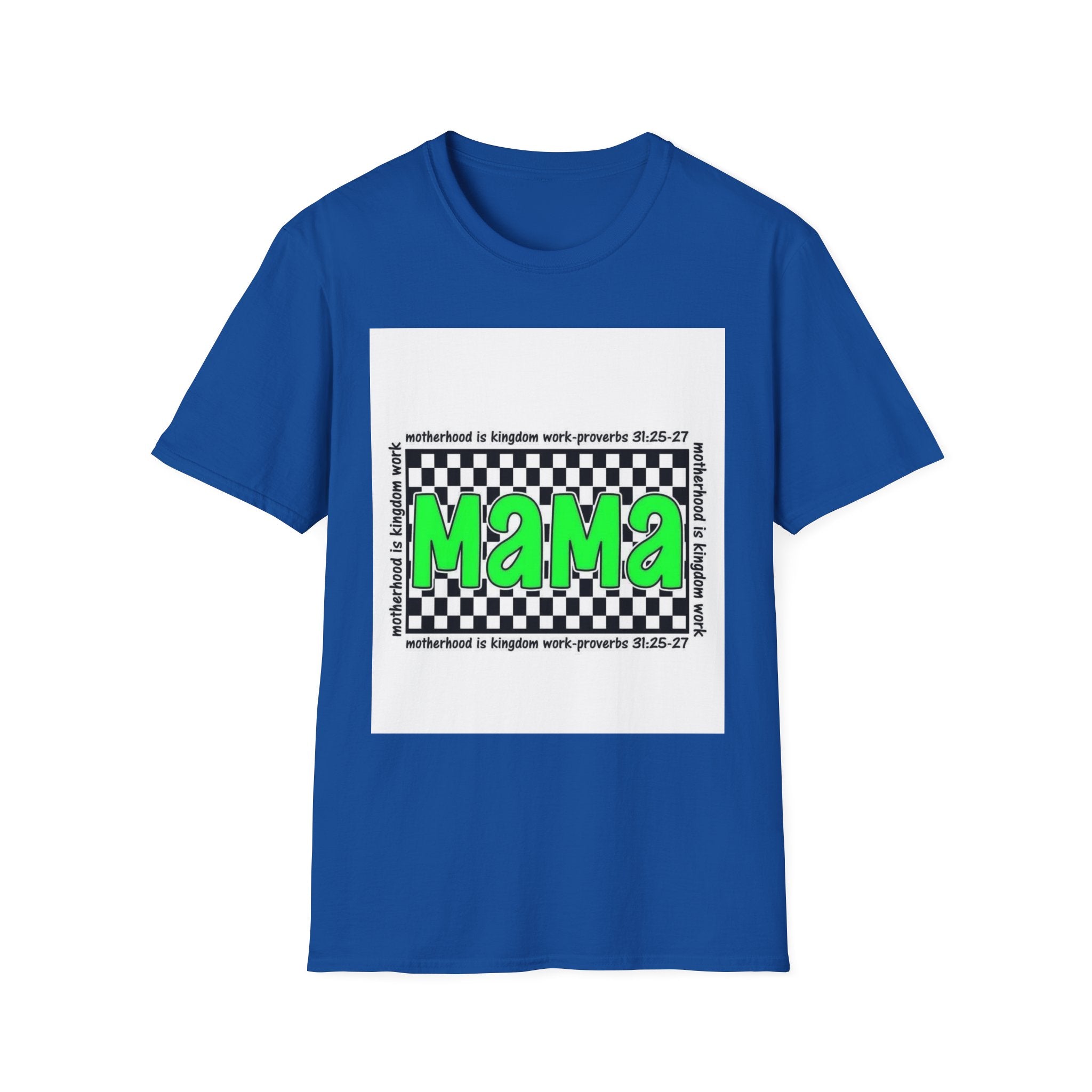 Mama Graphic T-Shirt — Neon Green Checkerboard Mom Shirt (Proverbs 31:25-27 Accent)