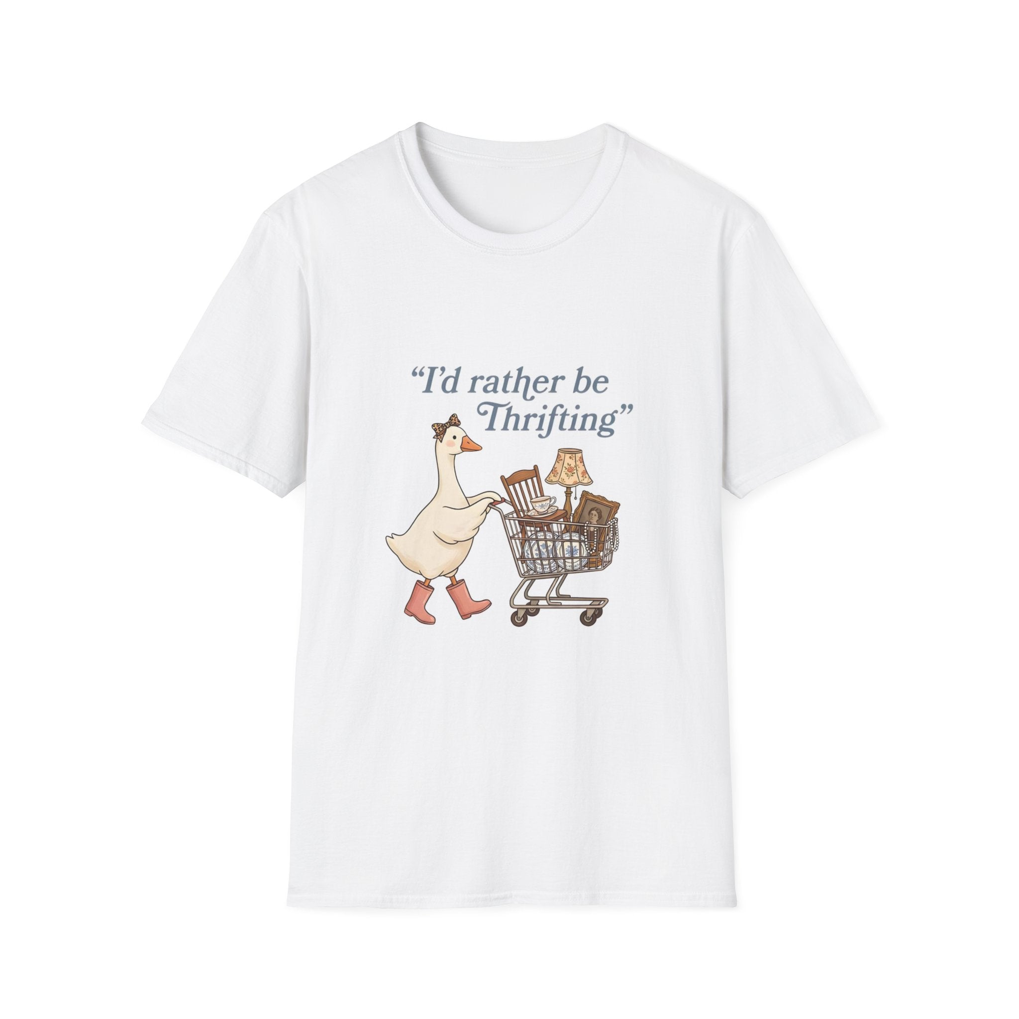I'd Rather Be Thrifting T-Shirt — Cute Duck with Shopping Cart Vintage Graphic