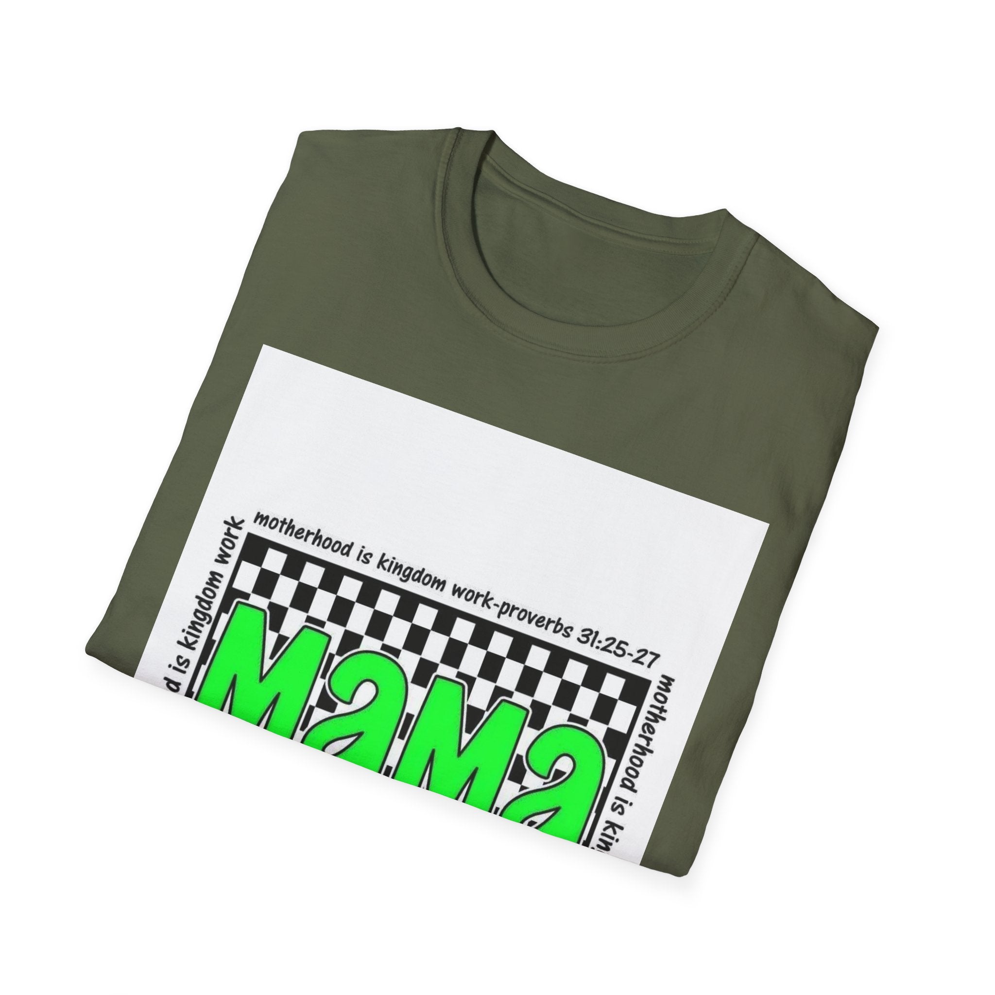 Mama Graphic T-Shirt — Neon Green Checkerboard Mom Shirt (Proverbs 31:25-27 Accent)