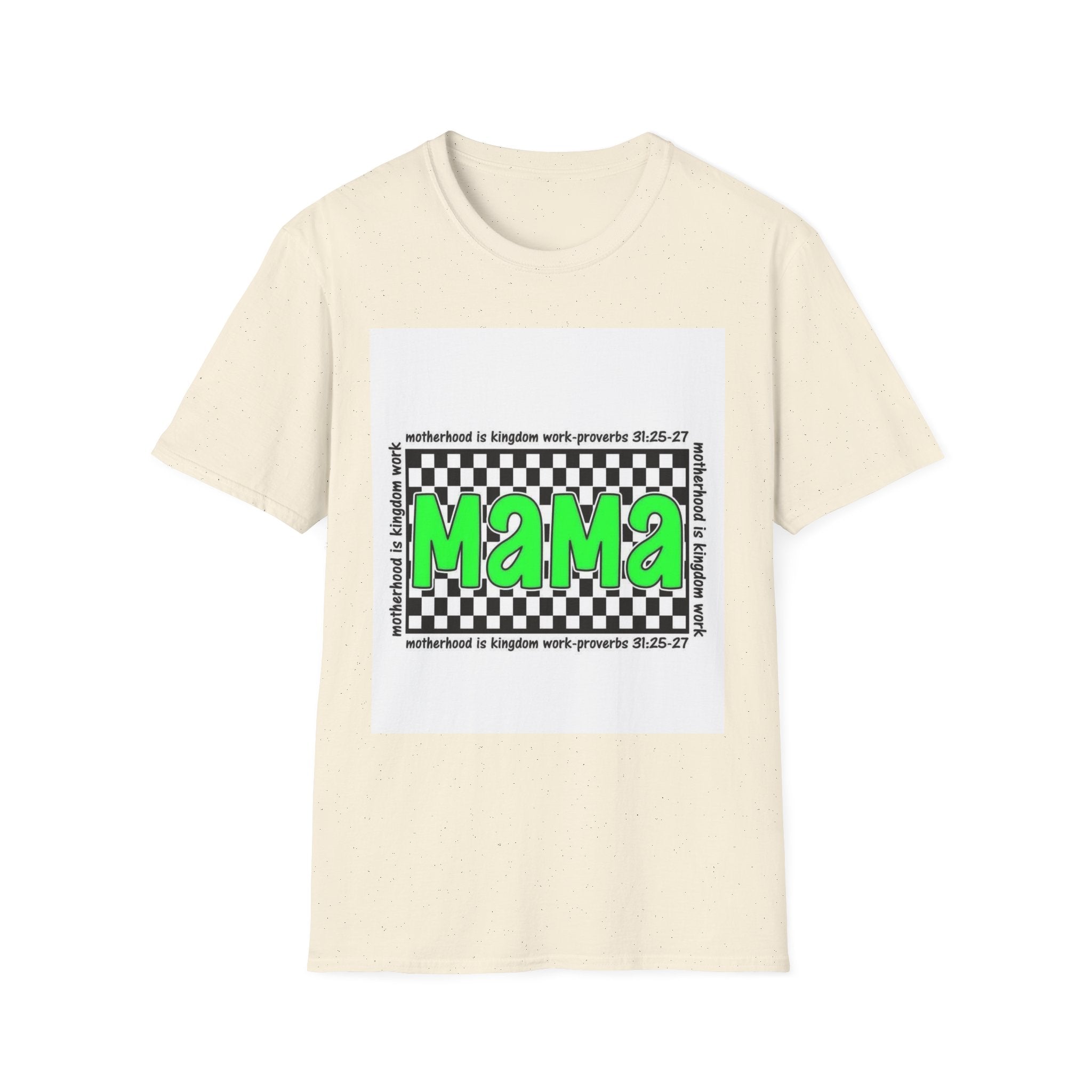 Mama Graphic T-Shirt — Neon Green Checkerboard Mom Shirt (Proverbs 31:25-27 Accent)