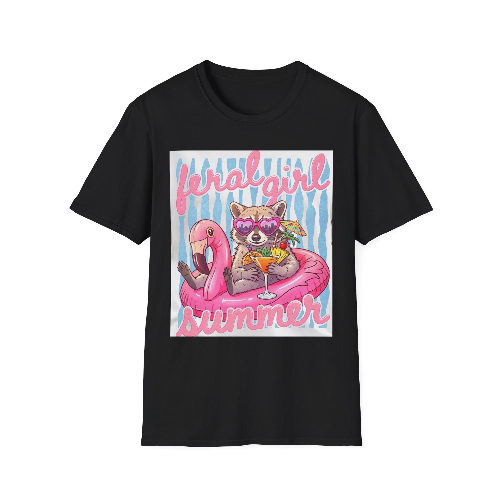 Raccoon Summer T-Shirt — "Feral Girl" Flamingo Pool Float Graphic Tee