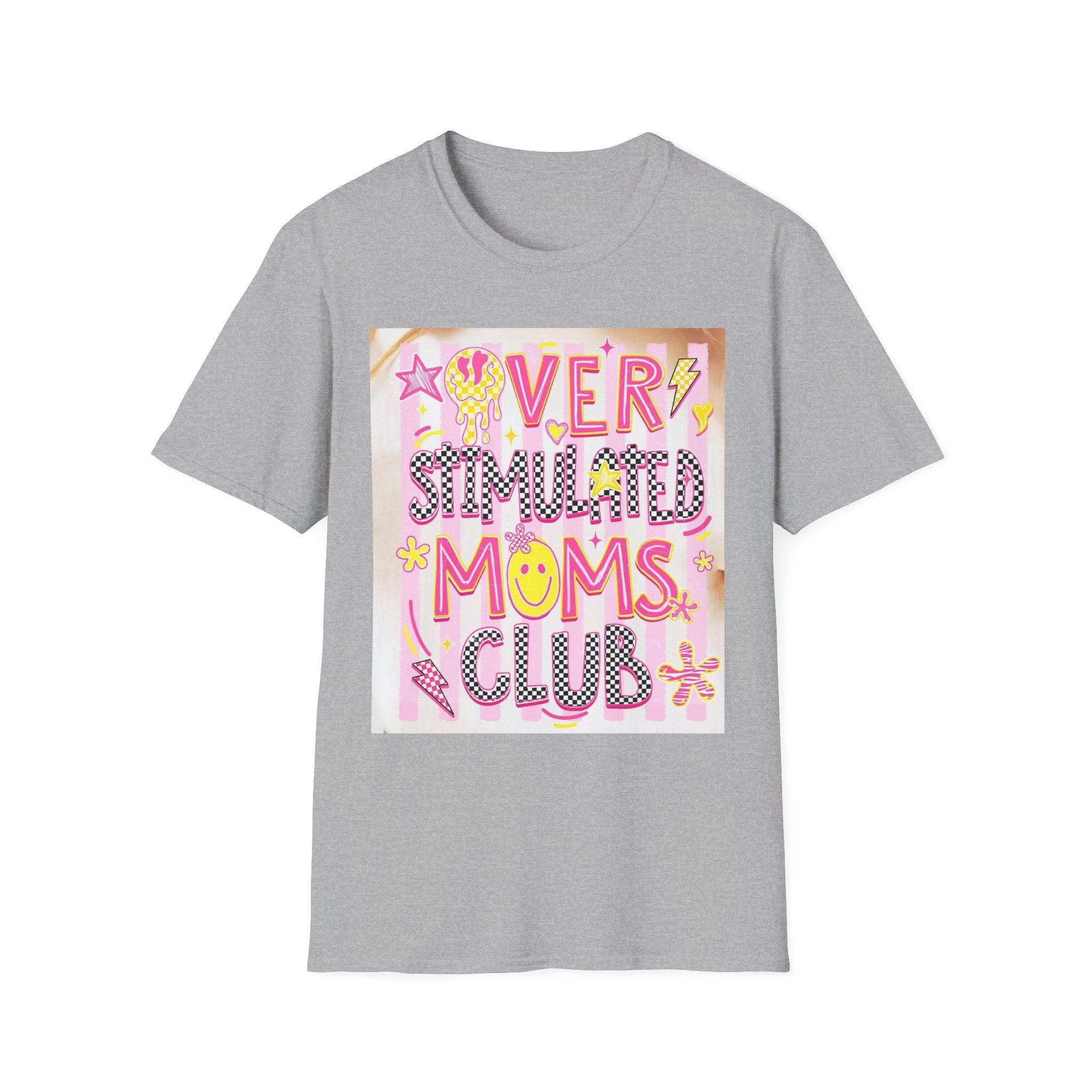 “Overstimulated Moms Club” Graphic T-Shirt — Funny Mom Gift, Bright Retro Doodle Design
