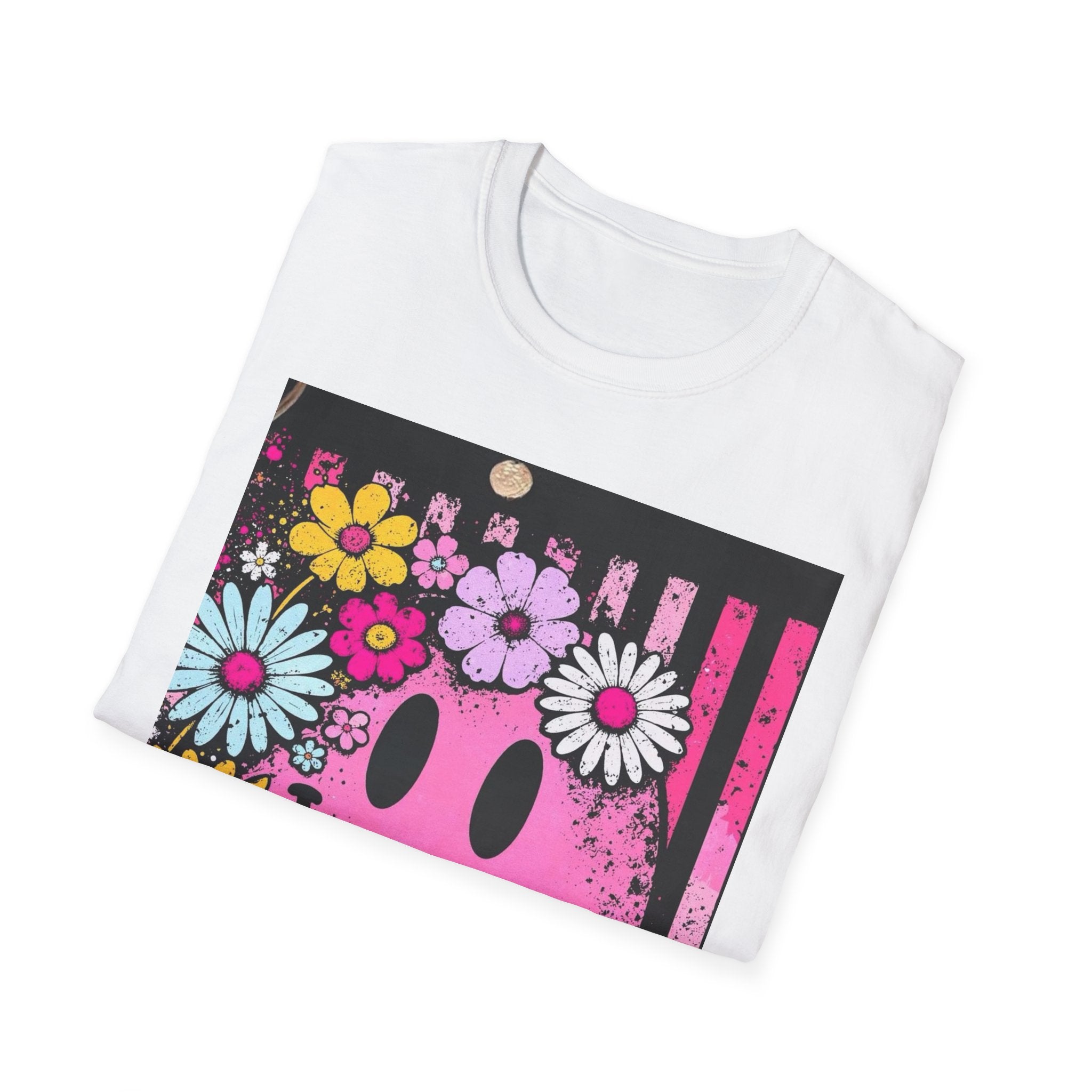 Pink Floral Smiley T-Shirt — Retro Distressed Smiley Face with Flowers