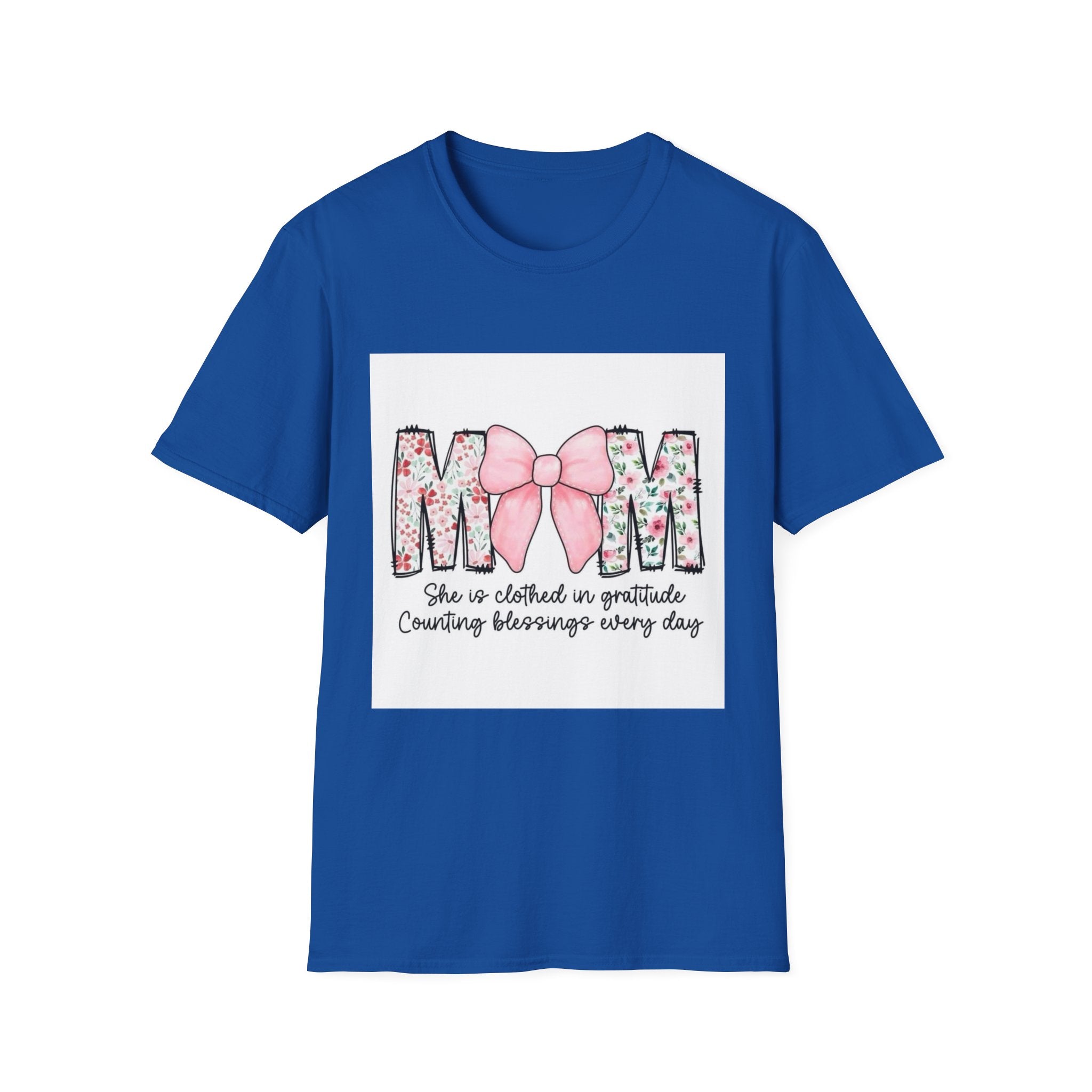 Mom Floral Bow T-Shirt — "She is clothed in gratitude, counting blessings every day"