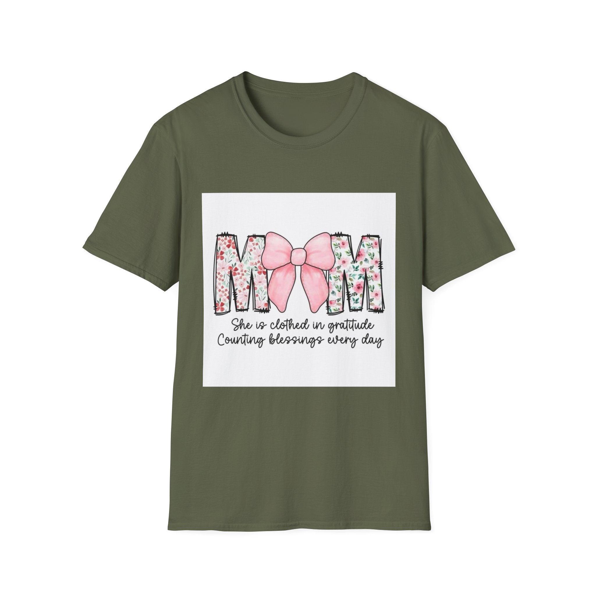 Mom Floral Bow T-Shirt — "She is clothed in gratitude, counting blessings every day"