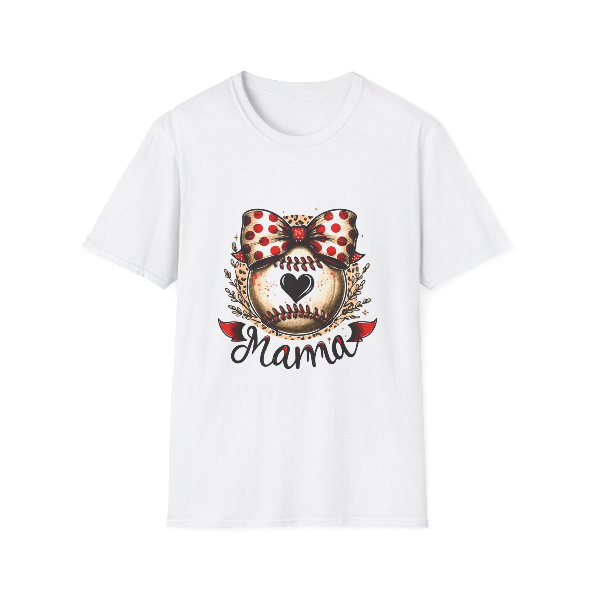 Mama Baseball Heart Tee — Cute Polka Dot Bow Softstyle T-Shirt