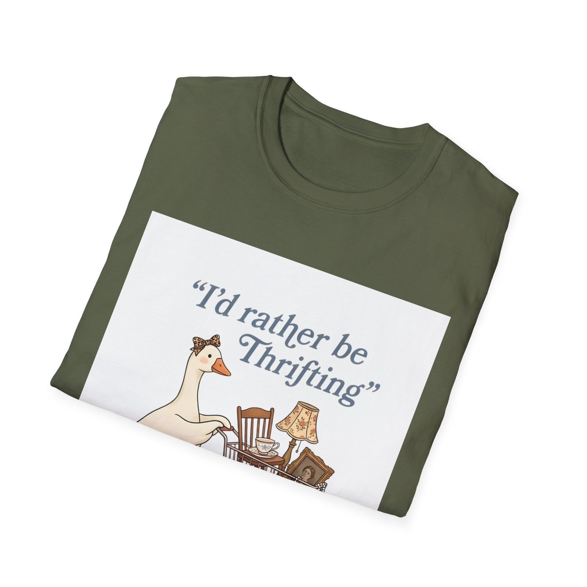 I'd Rather Be Thrifting T-Shirt — Cute Duck with Shopping Cart Vintage Graphic