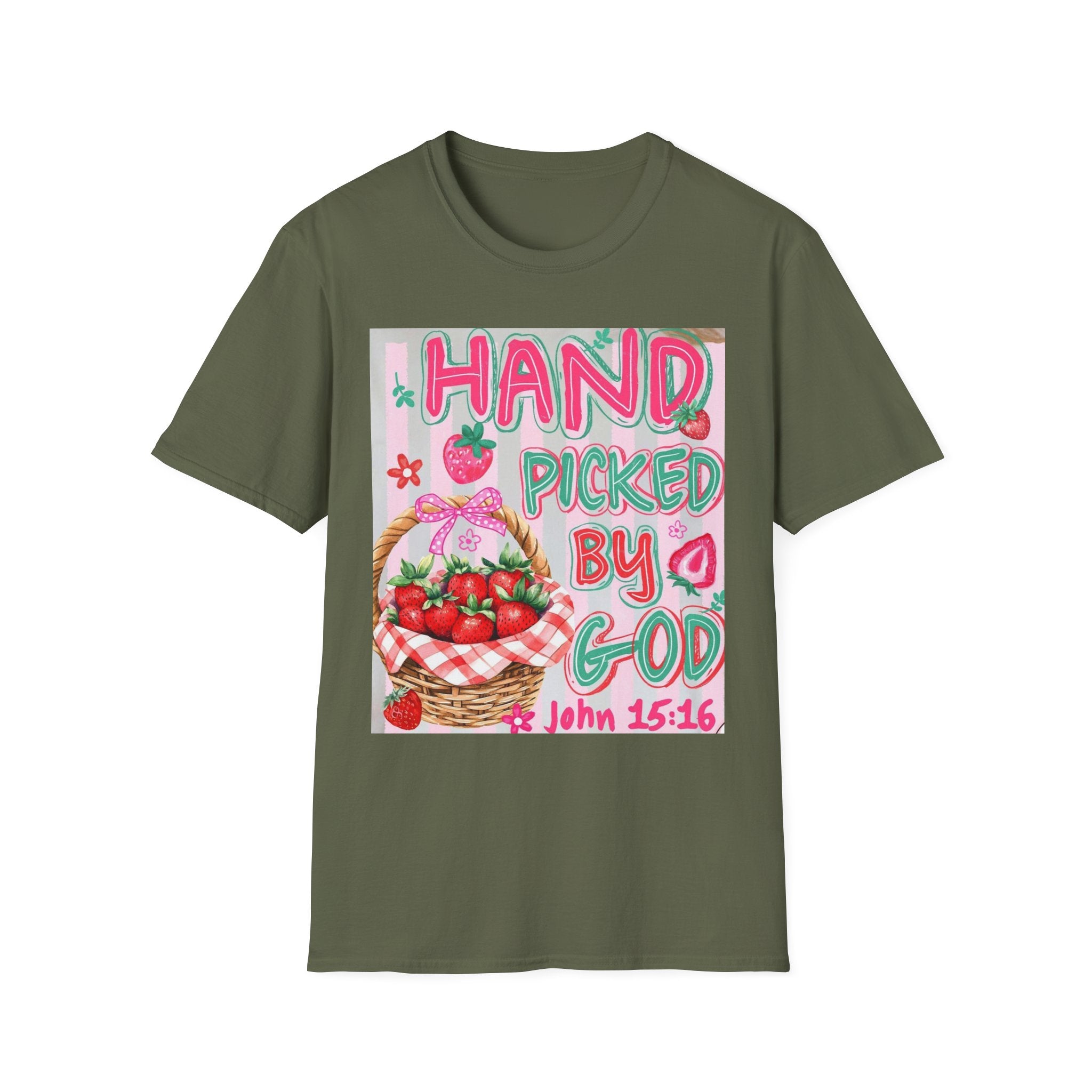 Christian T-Shirt "Hand Picked by God" — John 15:16 Strawberry Basket Graphic