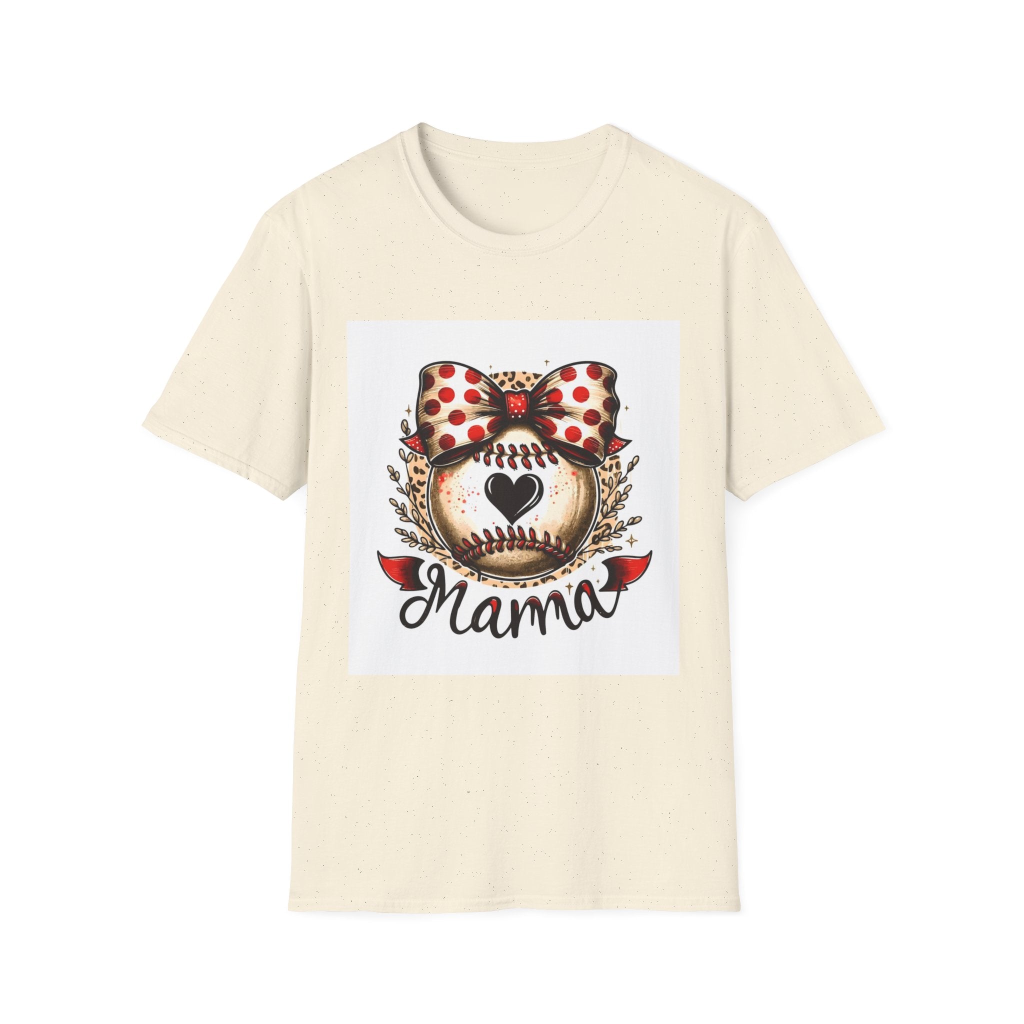 Mama Baseball Heart Tee — Cute Polka Dot Bow Softstyle T-Shirt