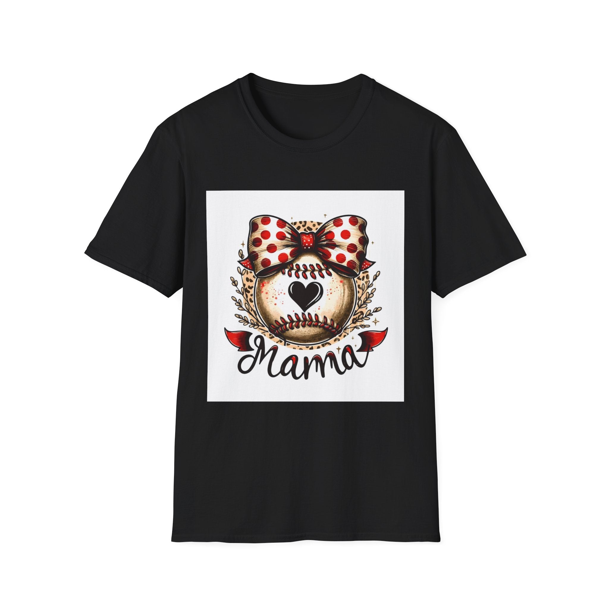 Mama Baseball Heart Tee — Cute Polka Dot Bow Softstyle T-Shirt
