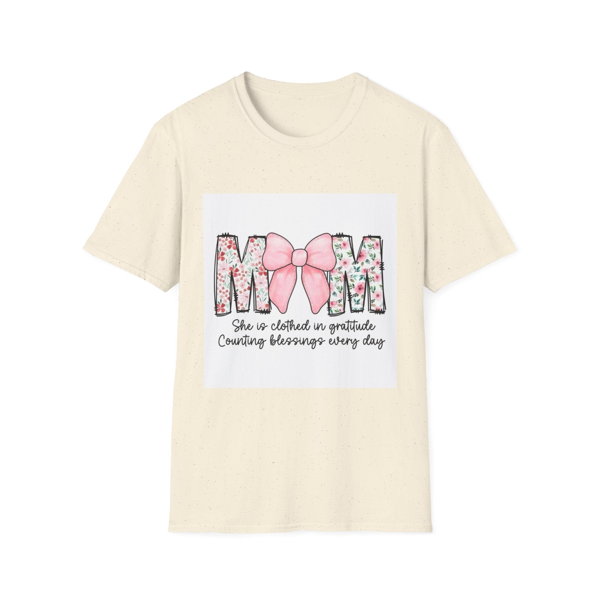 Mom Floral Bow T-Shirt — "She is clothed in gratitude, counting blessings every day"