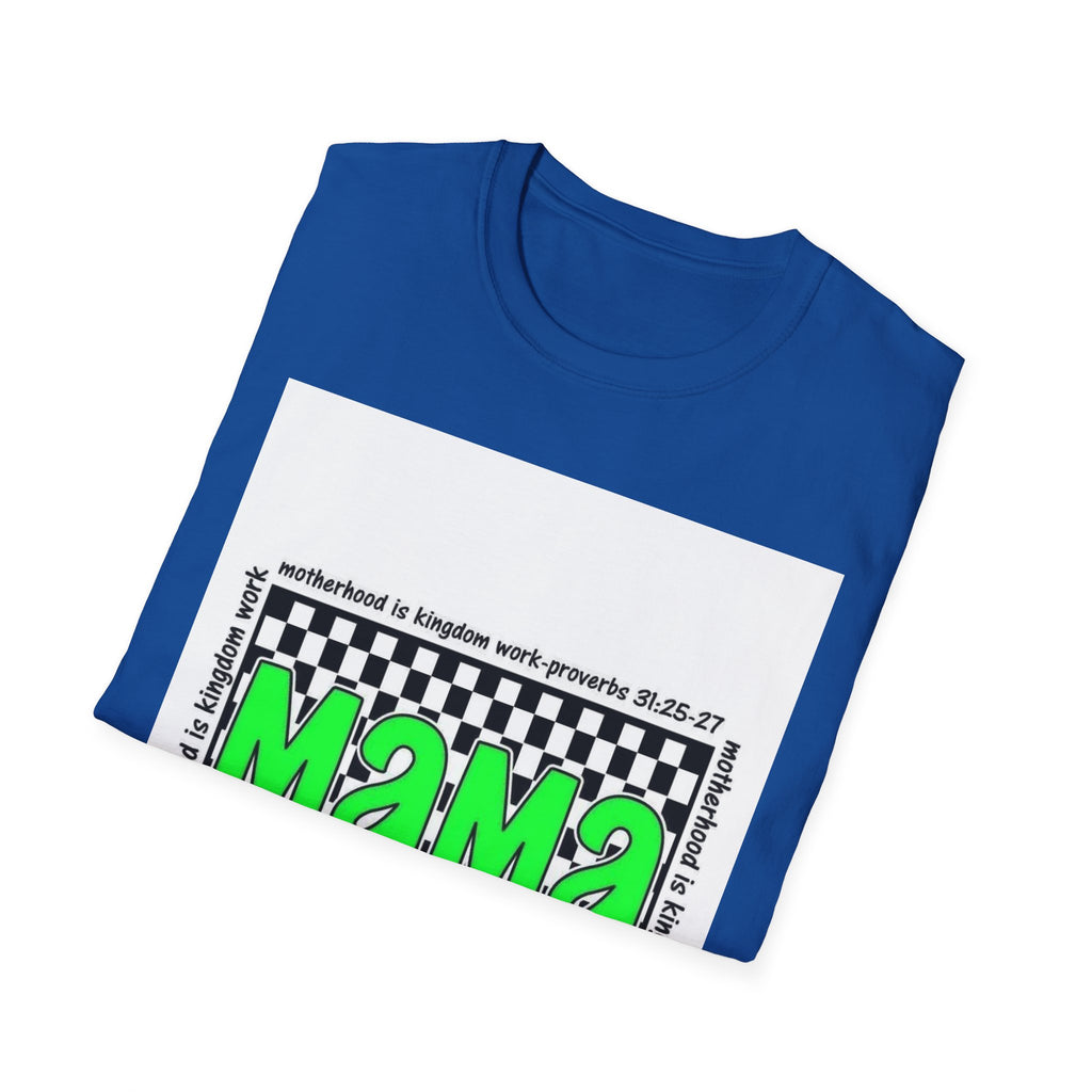 Mama Graphic T-Shirt — Neon Green Checkerboard Mom Shirt (Proverbs 31:25-27 Accent)