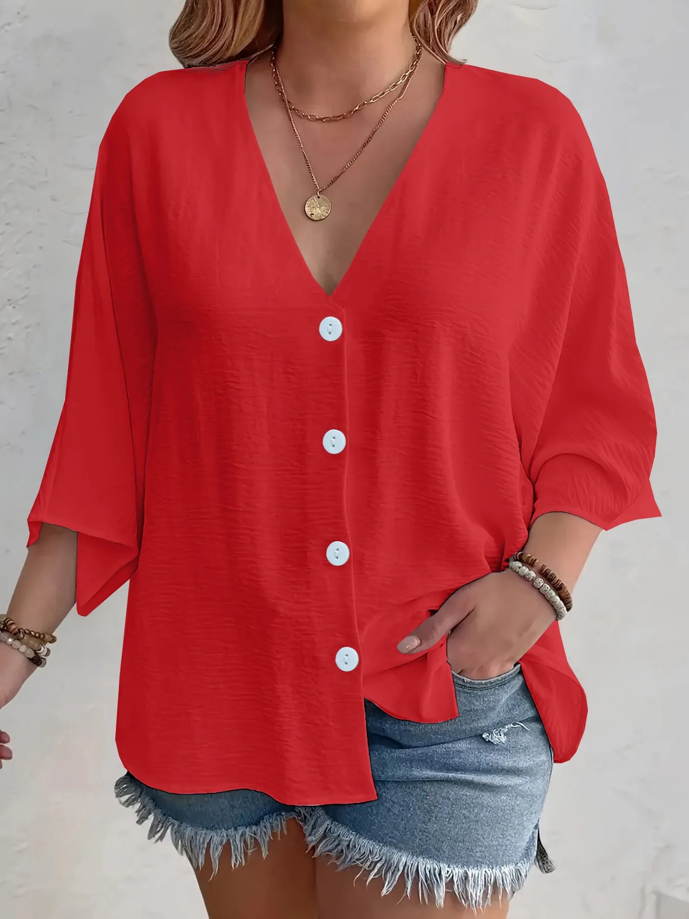 Full Size V-Neck Button Down Shirt Plus Size