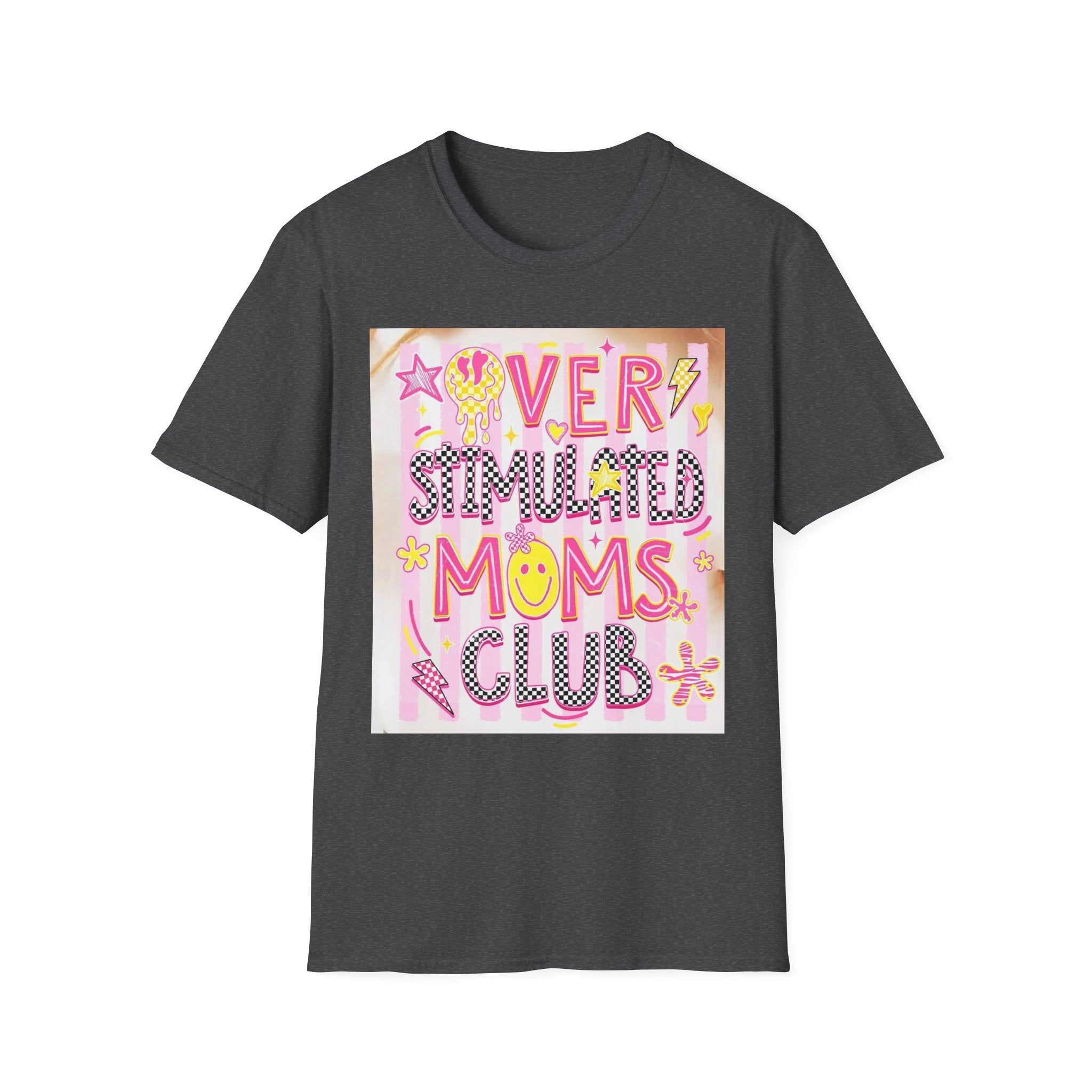 “Overstimulated Moms Club” Graphic T-Shirt — Funny Mom Gift, Bright Retro Doodle Design