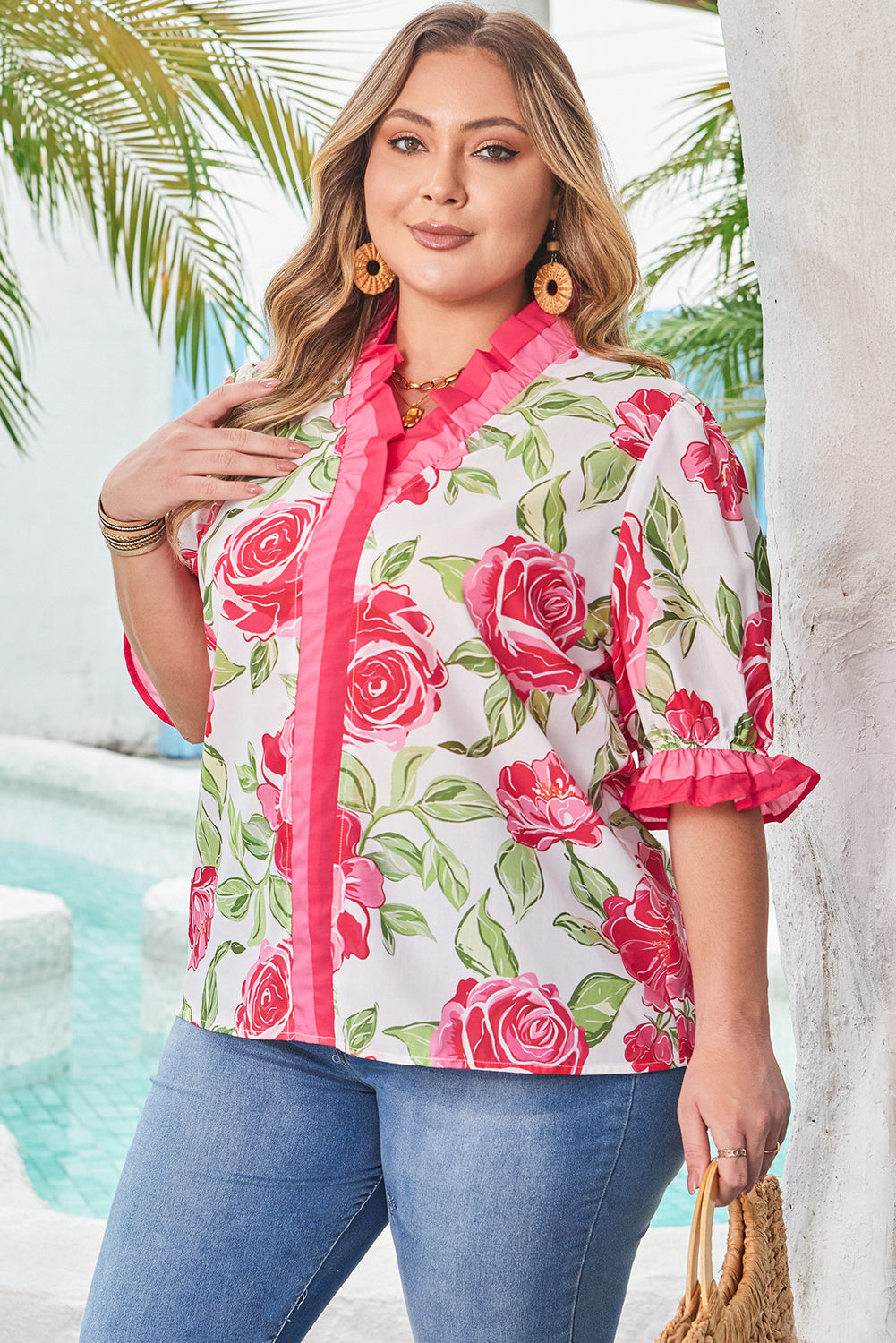 Elise Plus Size Floral Frilled Stripes Blouse