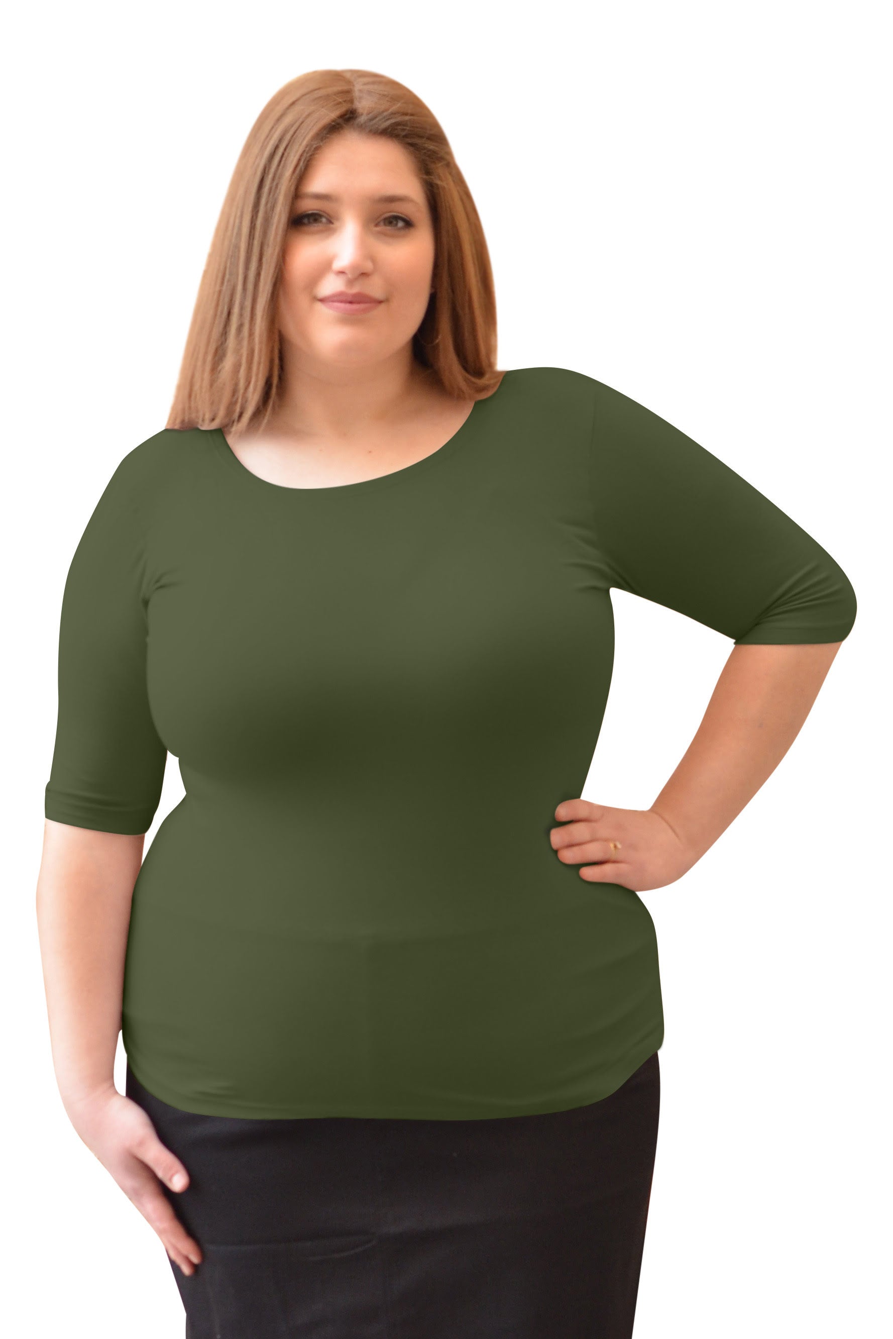 Plus Size Fitted Layering Shell - Modest Round Neck with Elbow Sleeves