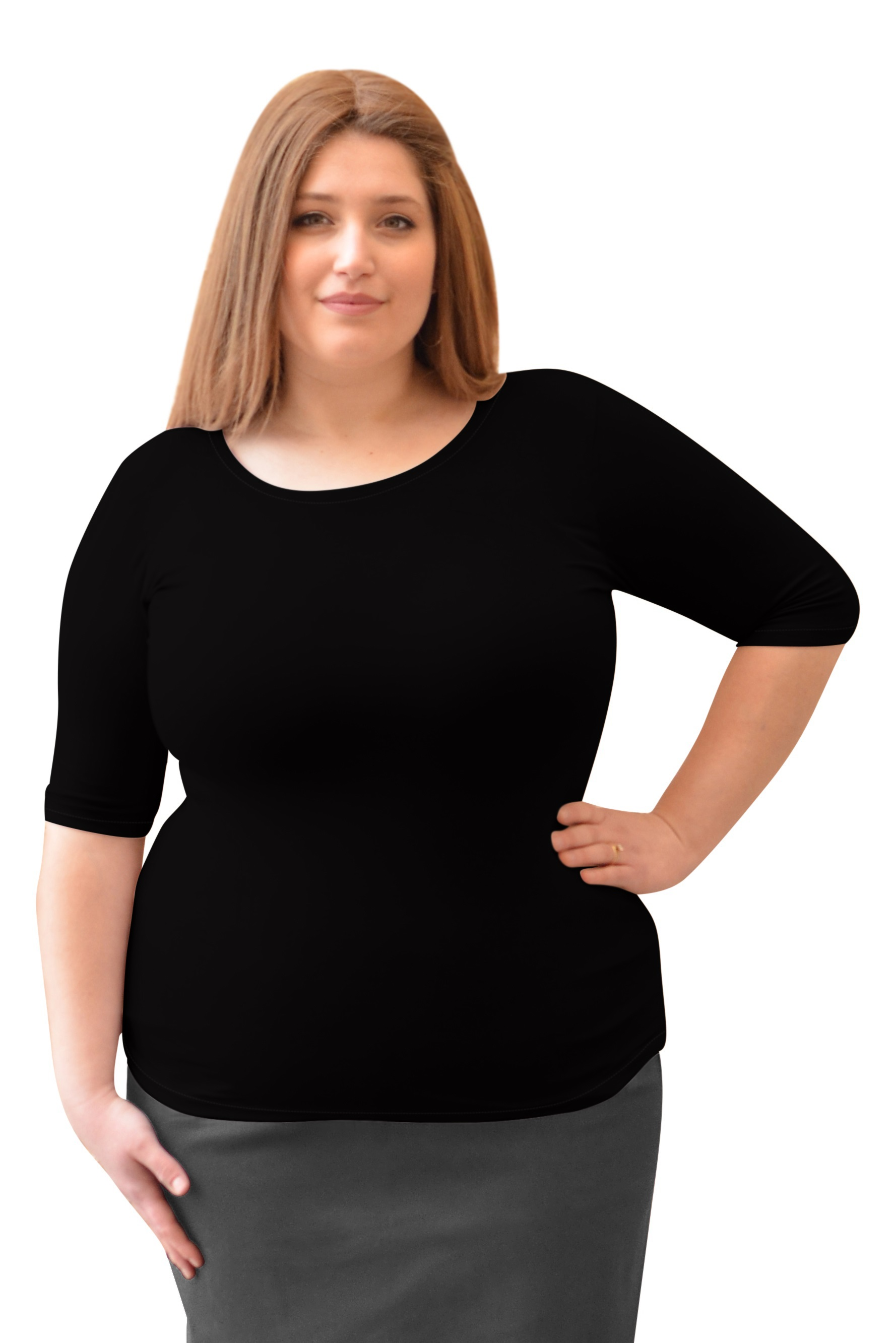 Plus Size Fitted Layering Shell - Modest Round Neck with Elbow Sleeves