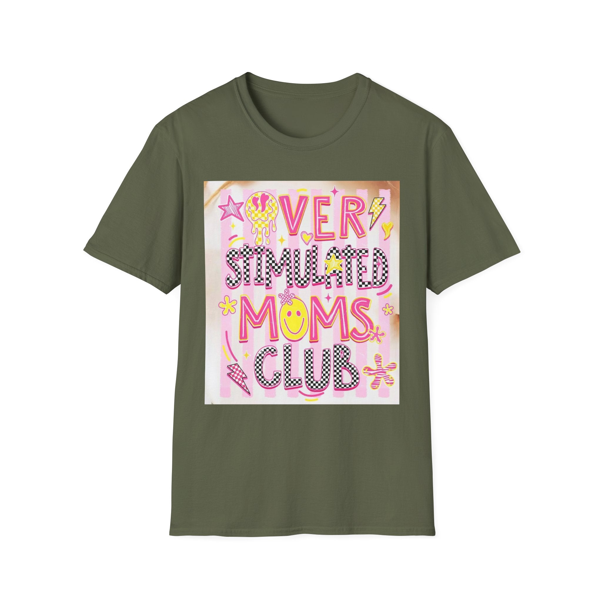 “Overstimulated Moms Club” Graphic T-Shirt — Funny Mom Gift, Bright Retro Doodle Design
