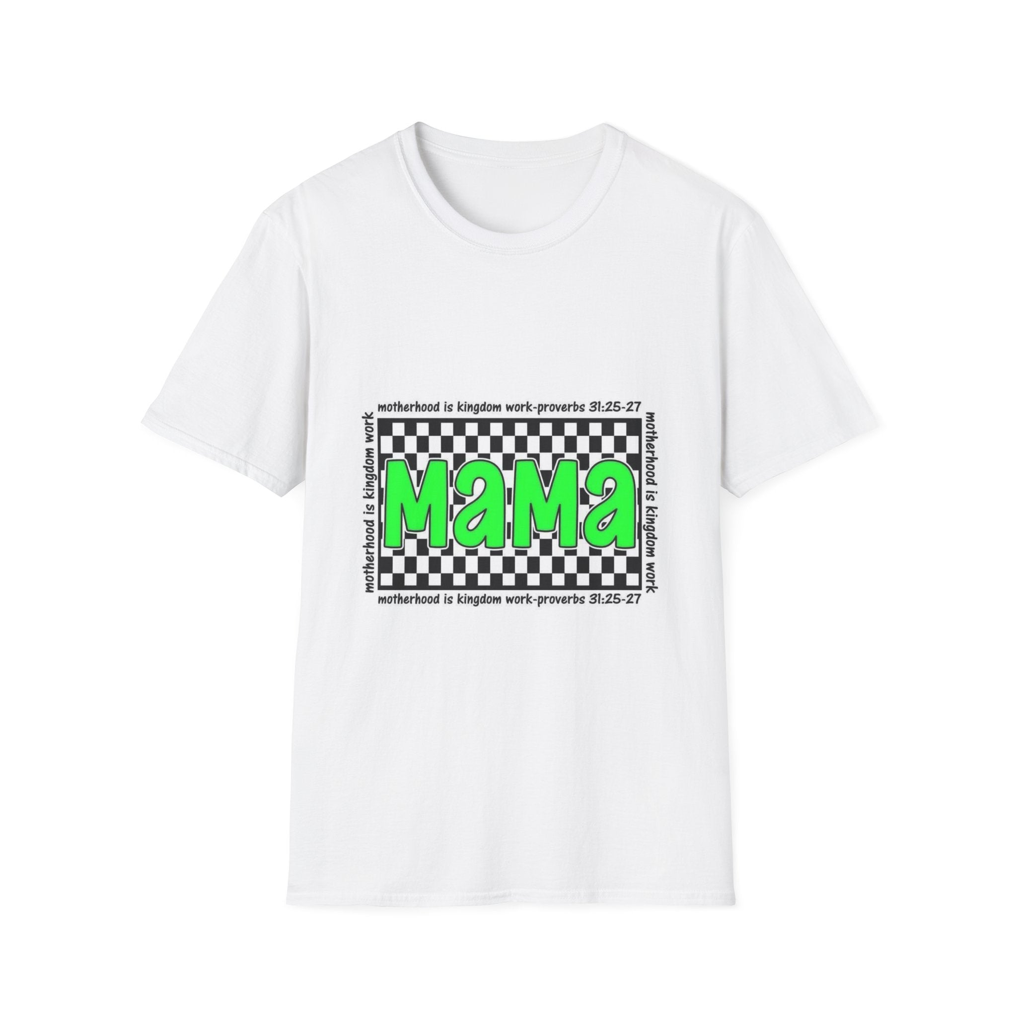 Mama Graphic T-Shirt — Neon Green Checkerboard Mom Shirt (Proverbs 31:25-27 Accent)