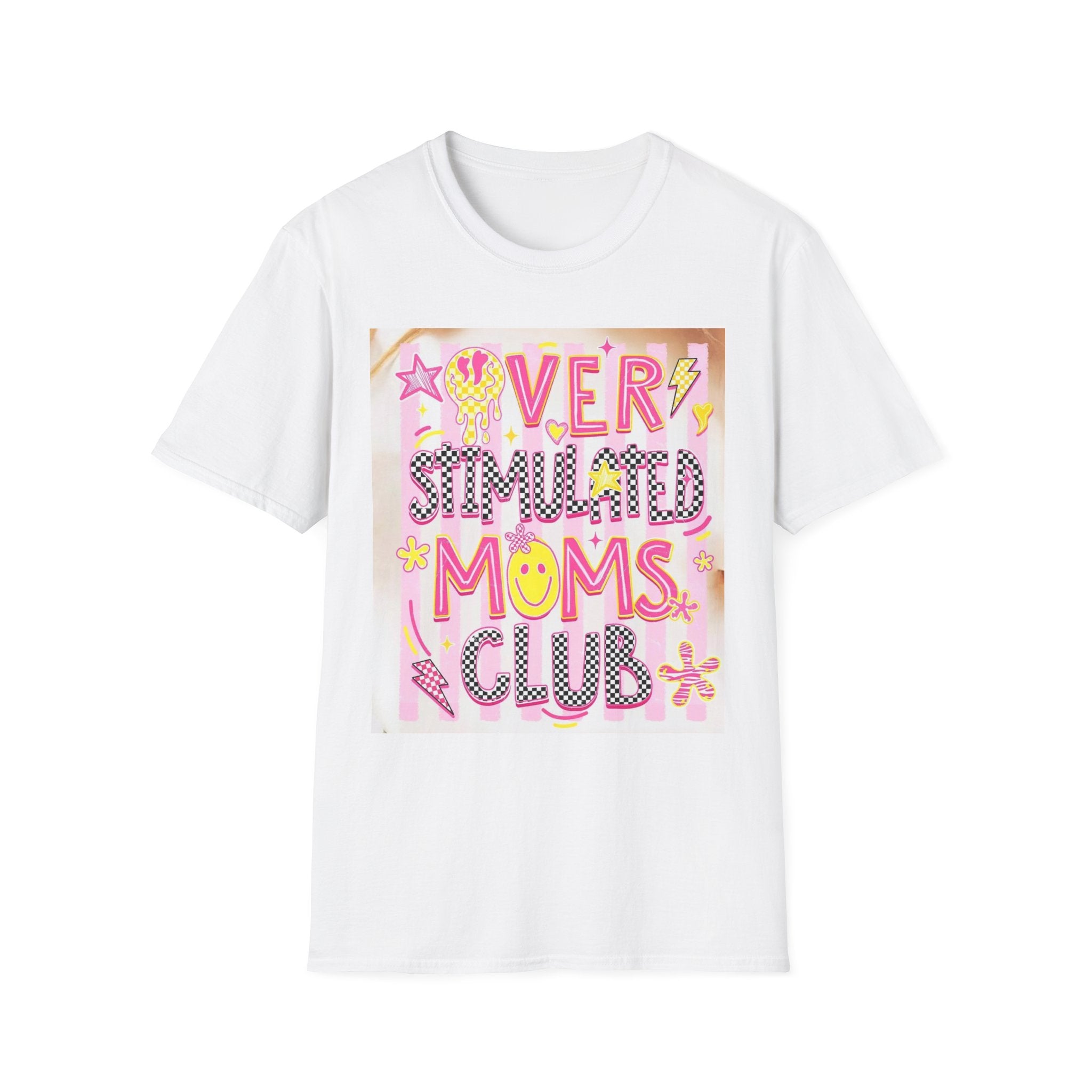 “Overstimulated Moms Club” Graphic T-Shirt — Funny Mom Gift, Bright Retro Doodle Design