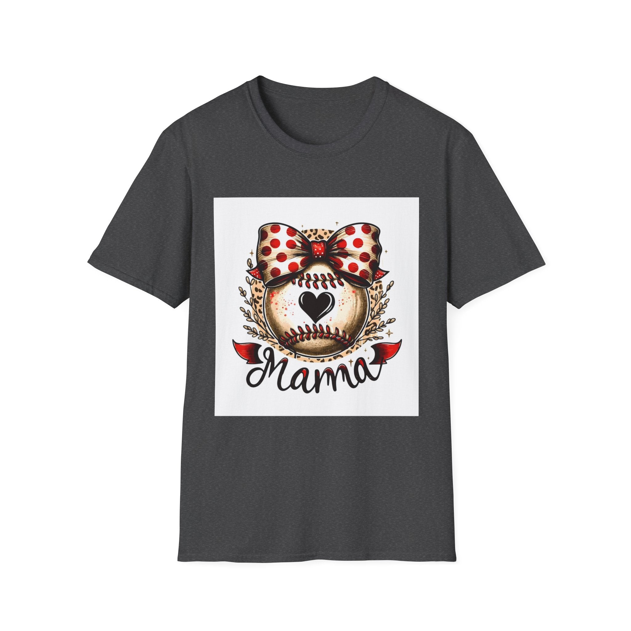 Mama Baseball Heart Tee — Cute Polka Dot Bow Softstyle T-Shirt