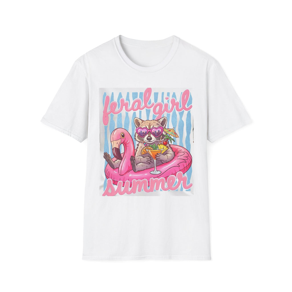 Raccoon Summer T-Shirt — "Feral Girl" Flamingo Pool Float Graphic Tee