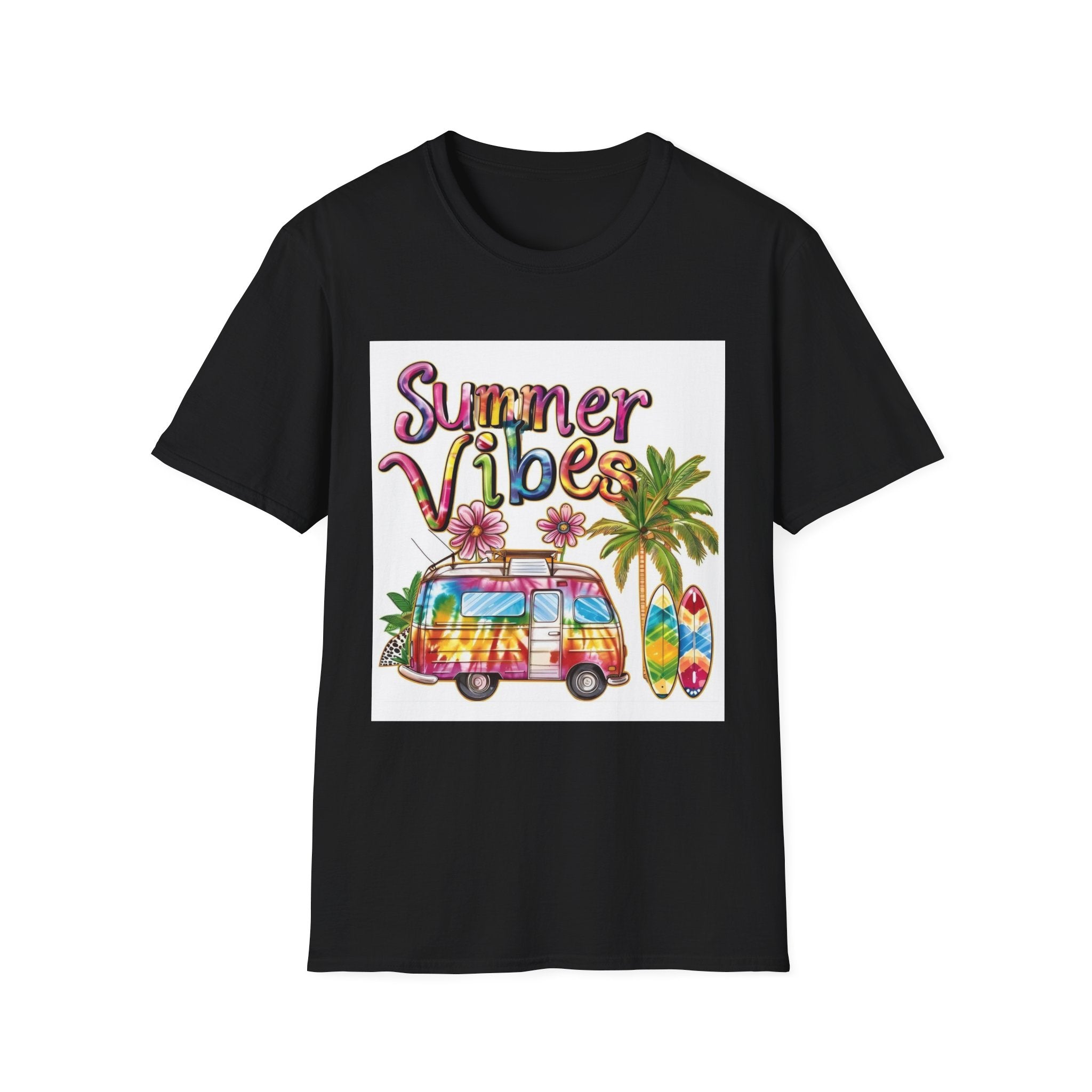 Summer Vibes T-Shirt — Tie-Dye Camper, Palm Trees & Surfboard Tee