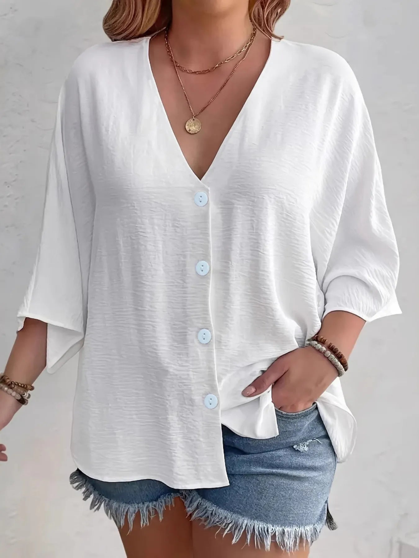Full Size V-Neck Button Down Shirt Plus Size