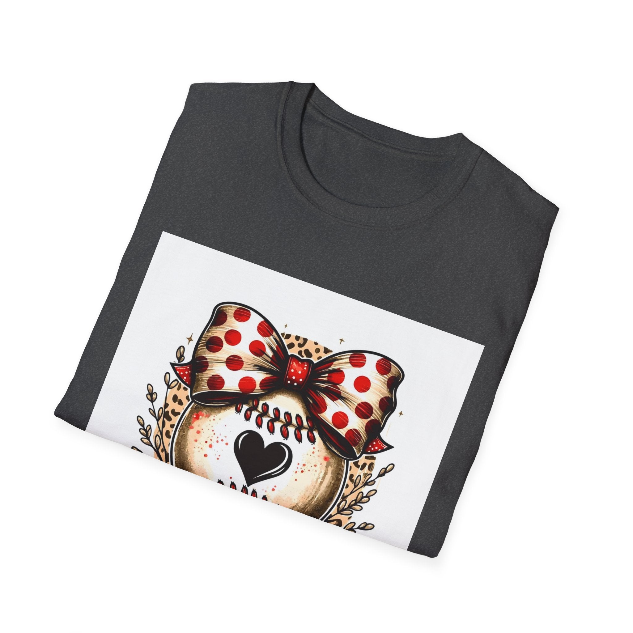 Mama Baseball Heart Tee — Cute Polka Dot Bow Softstyle T-Shirt